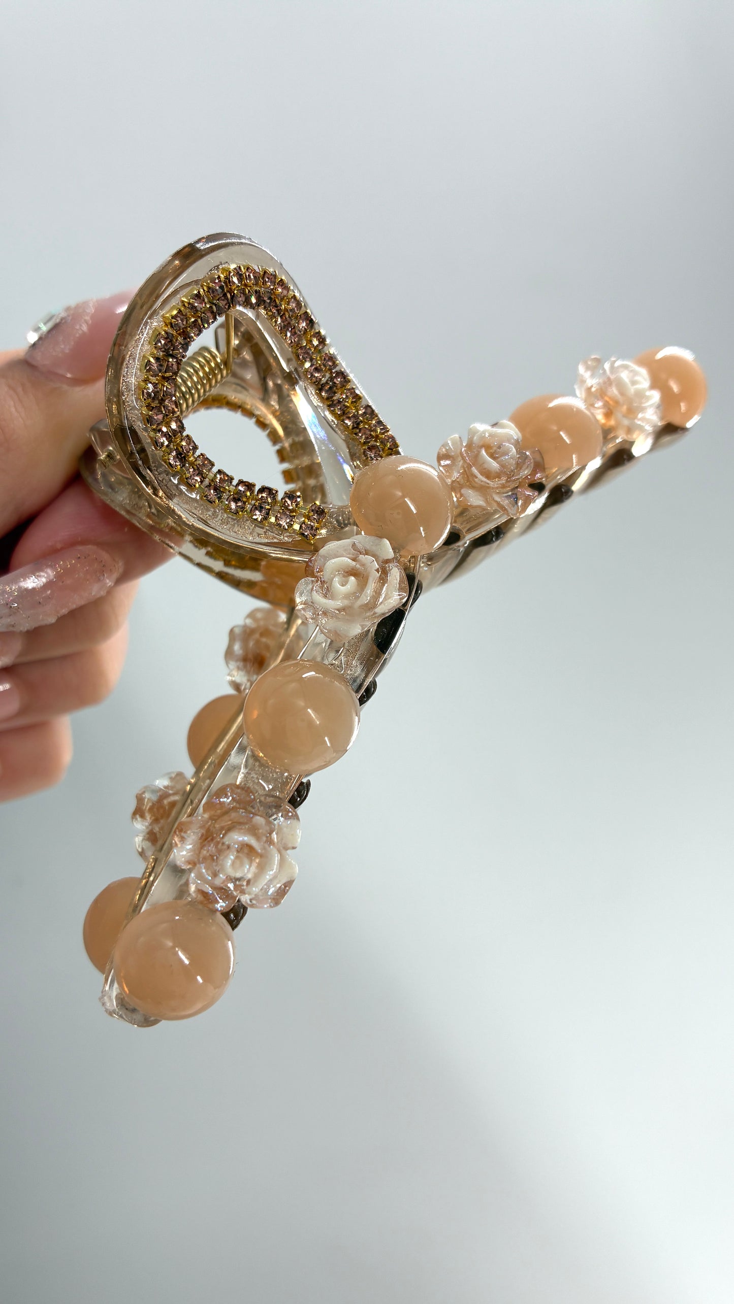 Beige Tan Beaded Rhinestone Claw Clip