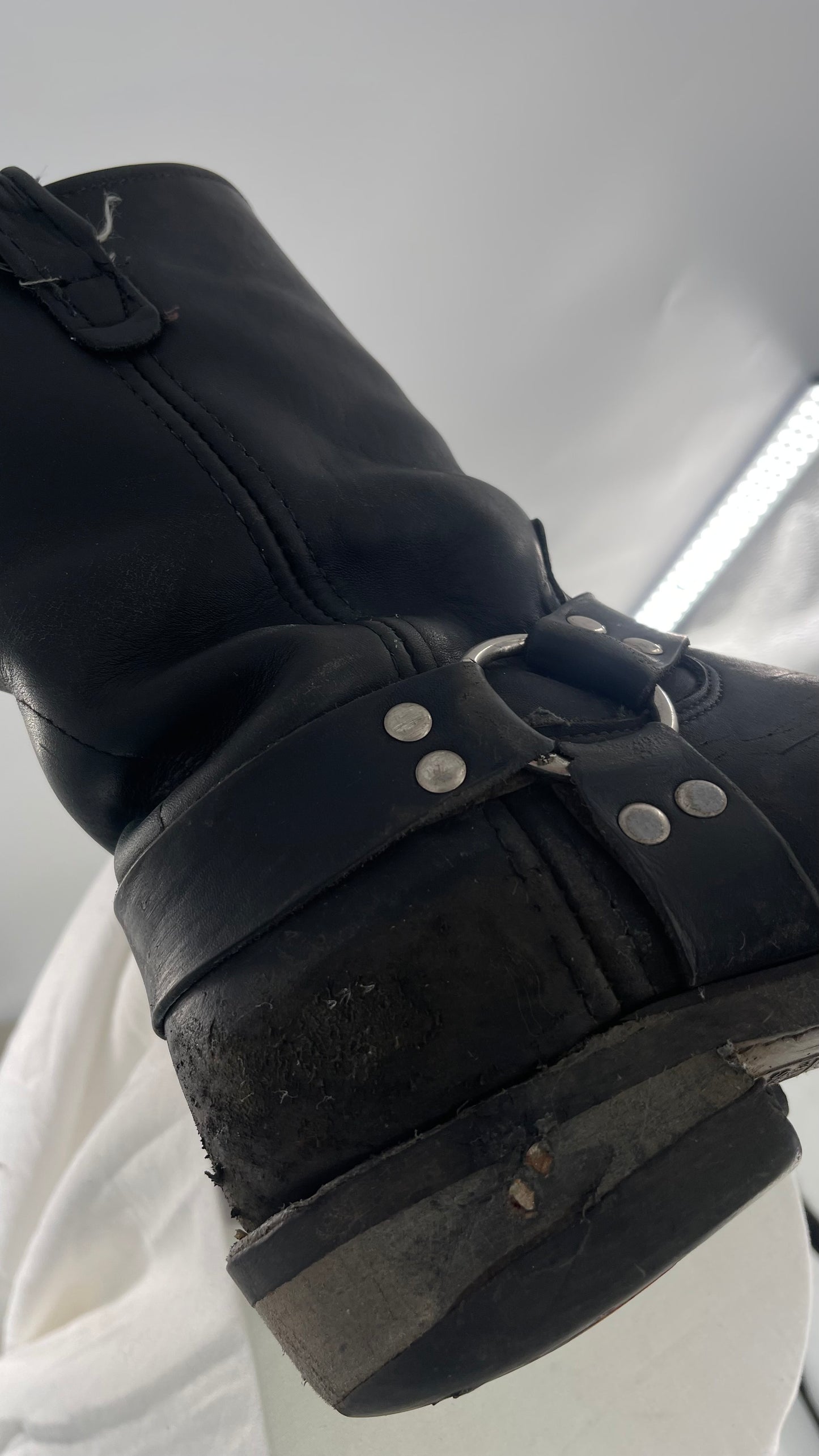 Vintage SIERRA Black Heavy Duty Sloppy Scuffed Distressed Leather Motorcycle Boots (10.5)