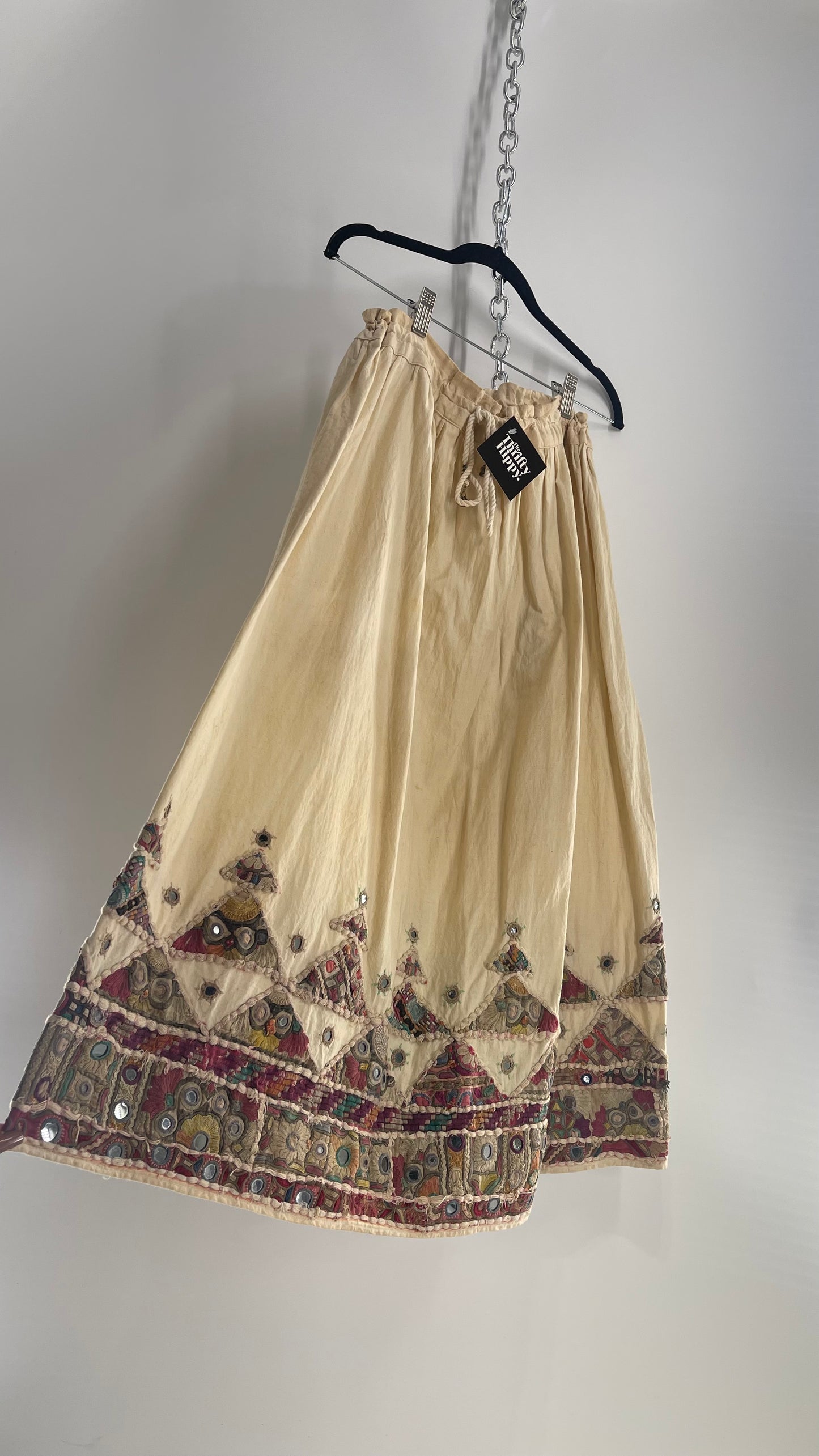 Vintage Imported Hand Stitched Skirt with Embroidered, Patchwork and Mirror Details (S/M Drawstring Waist)