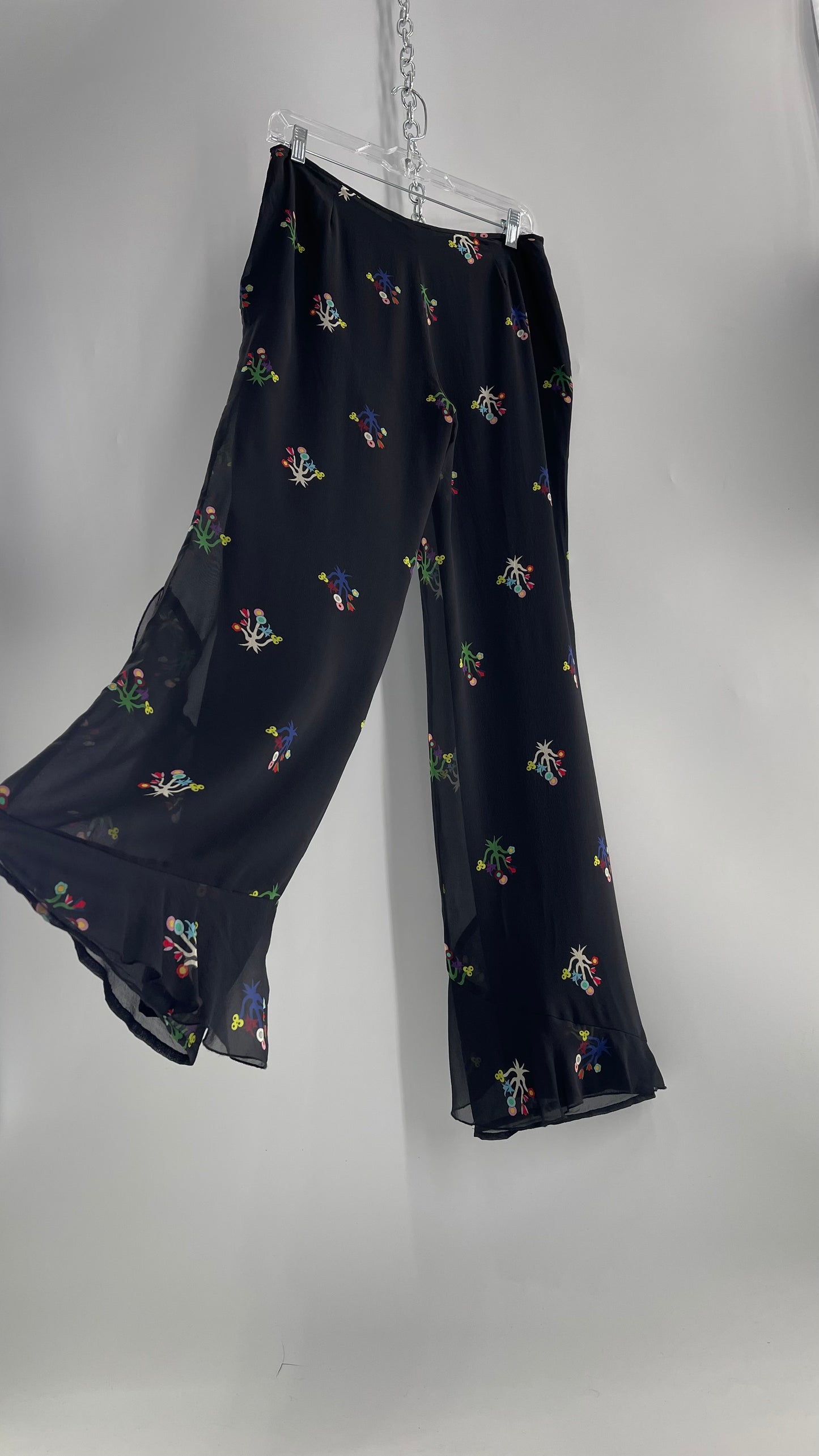 Cynthia Rowley Black Flared Pants with Colorful Abstract Florals, Dual Lining and Ruffle Trim (4)