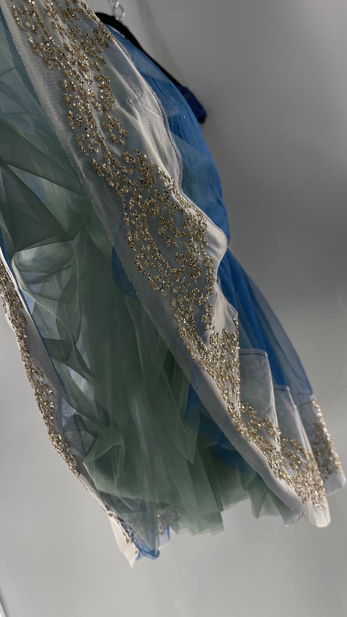 Midnight Muse Navy and Teal Mesh Tutu Skirt with Gold Glitter Hem Detailing (Medium)