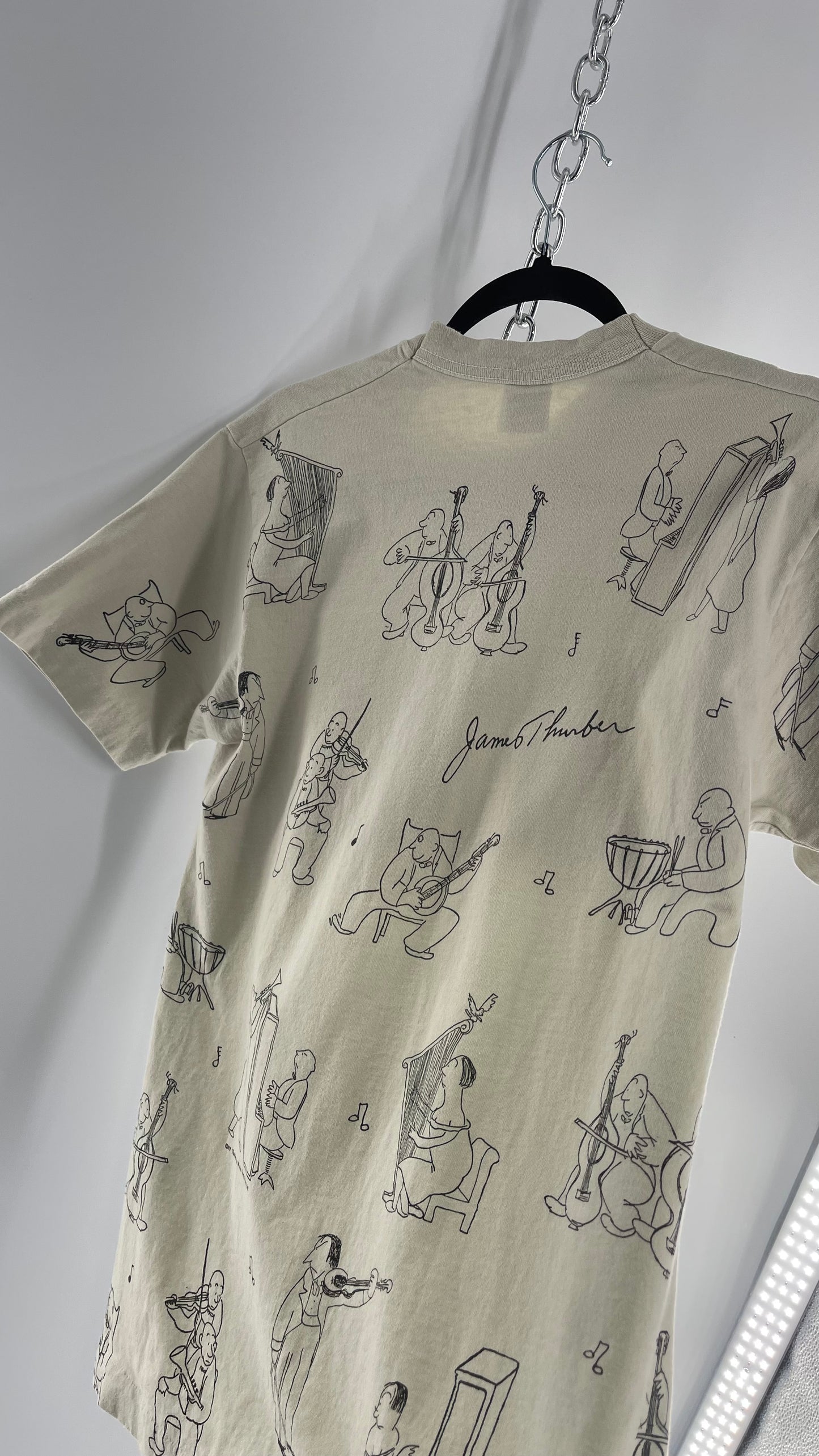 Vintage James Thurber Welcome to the Opera Beige Doodle Comic Sketch T Shirt (M)