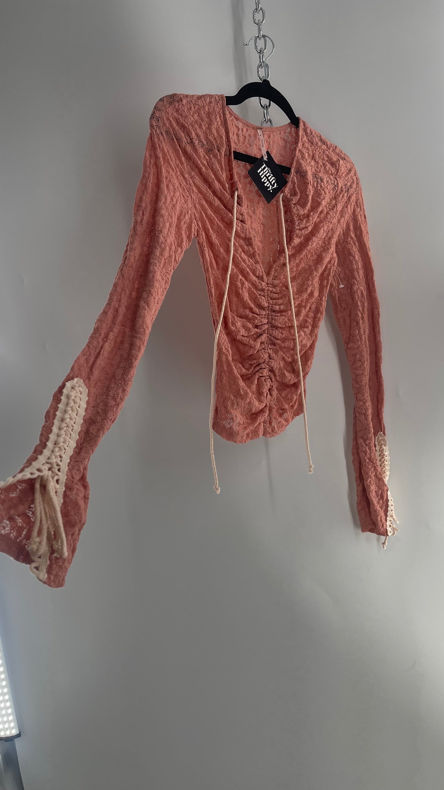 Free People Pink Lace Long Sleeve with Beige Lace Up Sleeve Detail (XS)