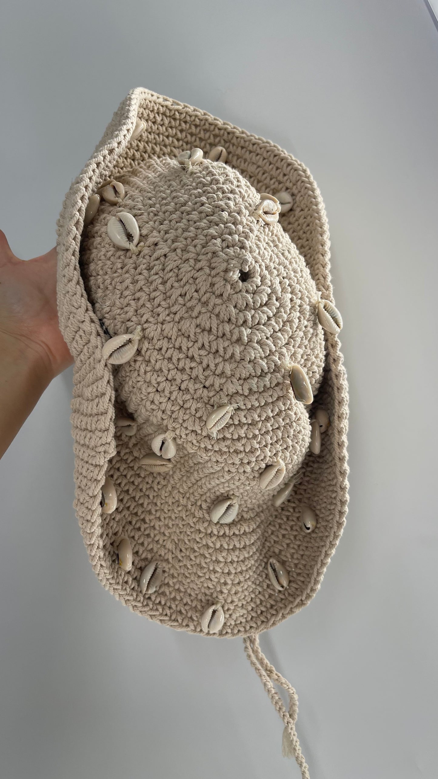 Heavy Knit Crochet Off White Sun Hat with Sewn On Shells and Button Sides