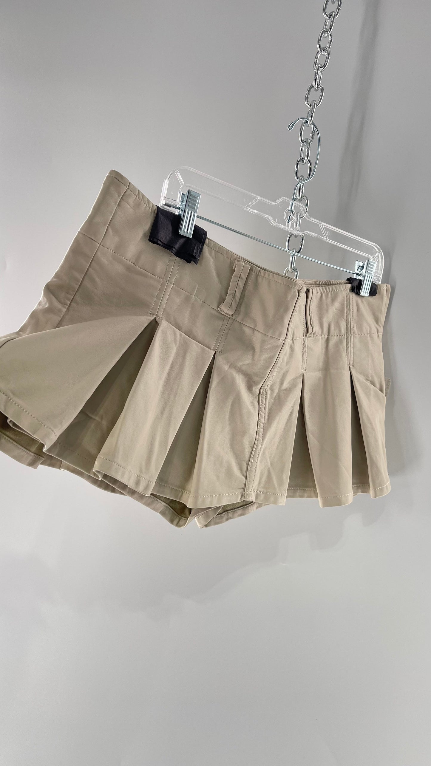 Free People Off White Pleated Vegan Leather Ultra Micro Mini Skirt with Hidden Built in Shorts (12)
