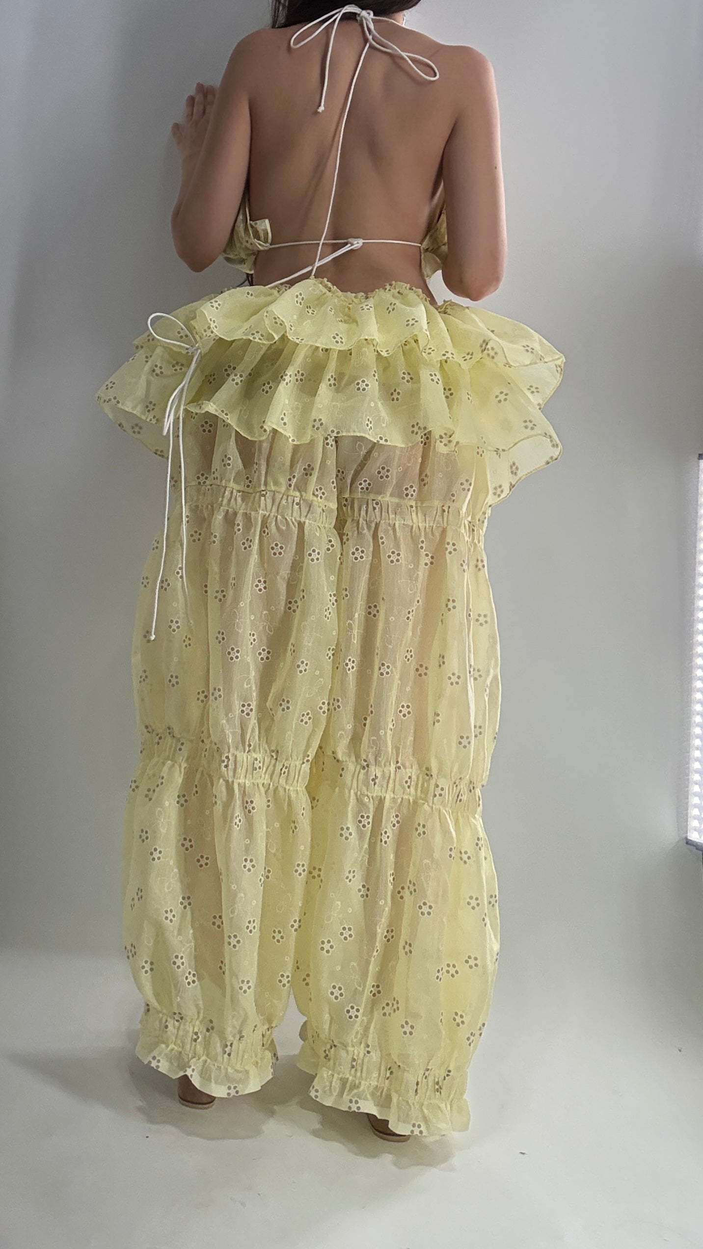 Vintage Handmade 2pc Baby Yellow Set with Tiered Pants, Ruffled Bum, and Floral Eyelet Pattern (XS-M)
