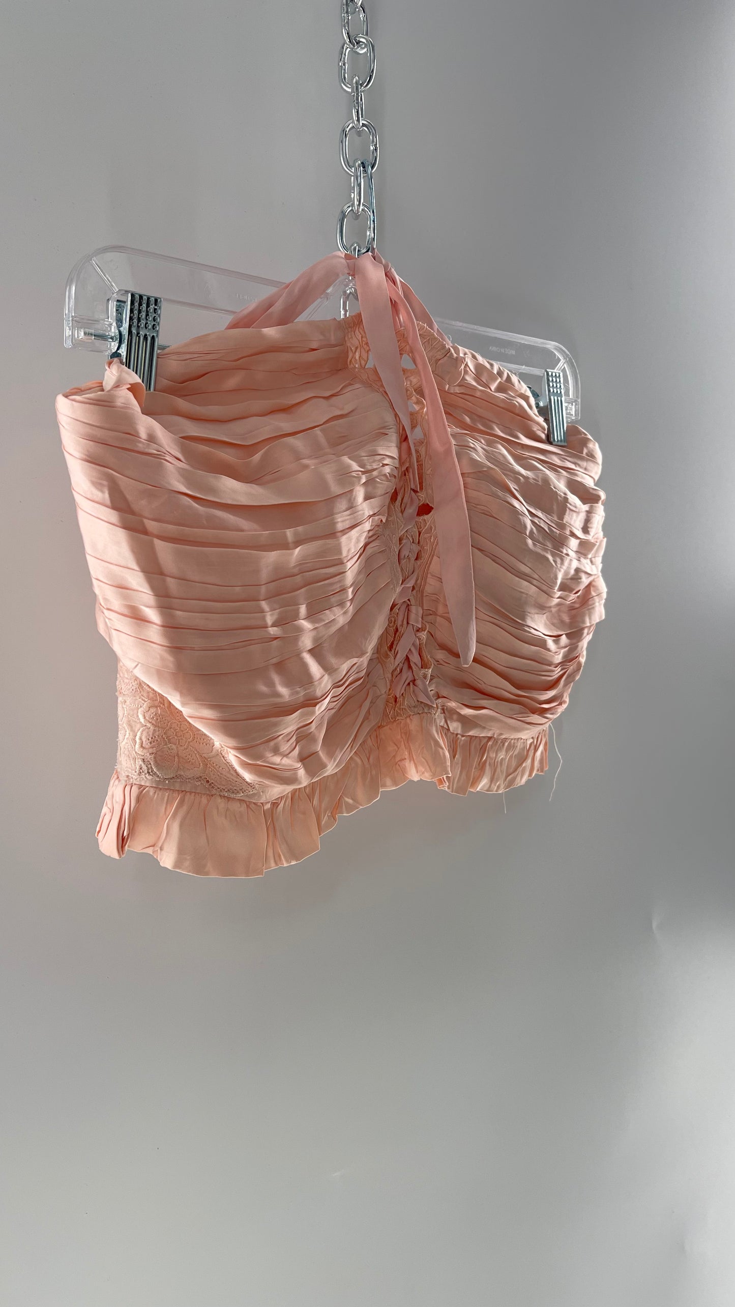 Free People Pink Viscose Pleated Tube Top with Ribbon Lace Up Bodice, Embroidered Flower Detail, and Ruffled Hem (Large)