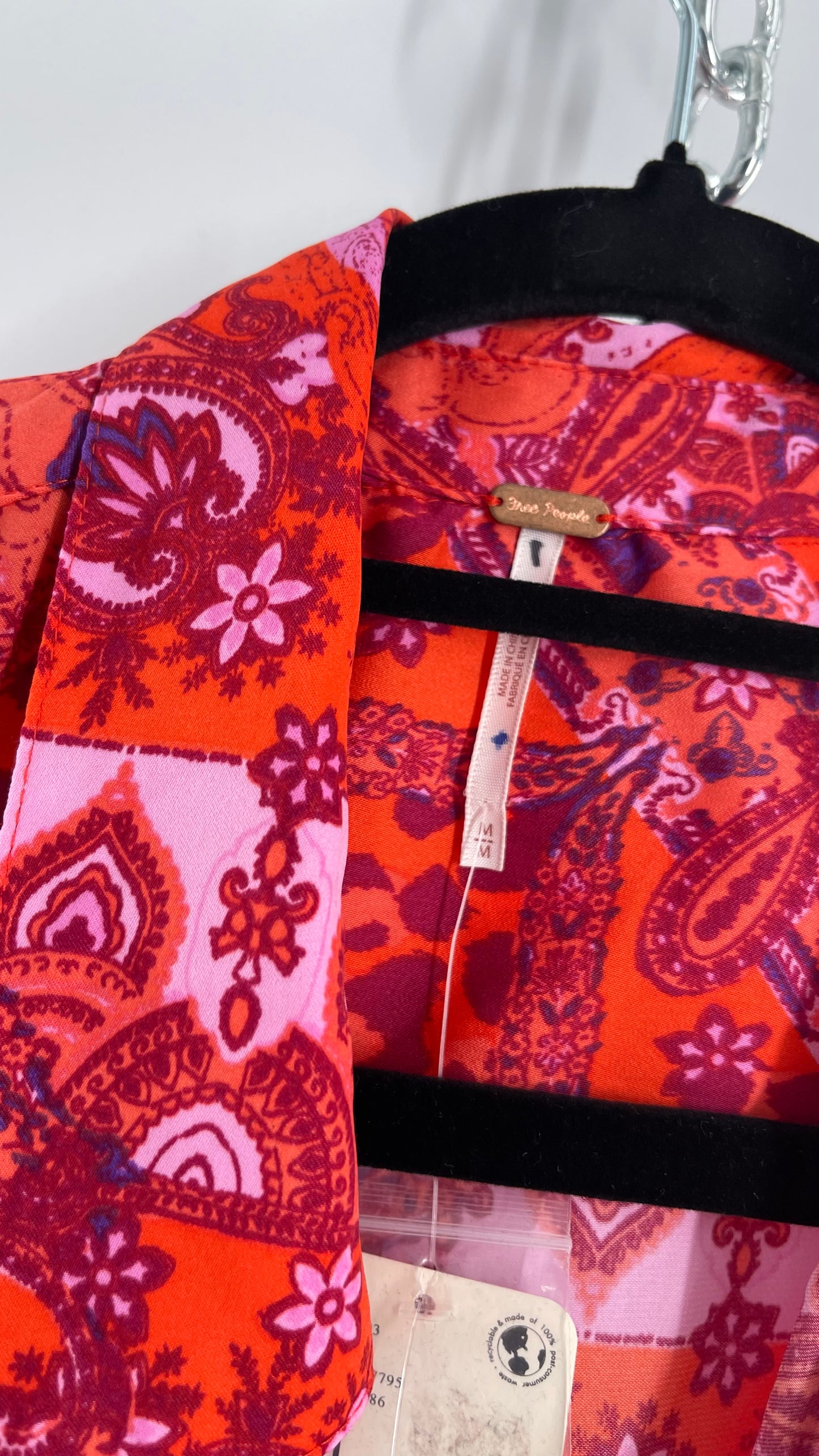 Free People Red, Neon Orange Leopard Paisley Patterned Button Front(Medium)