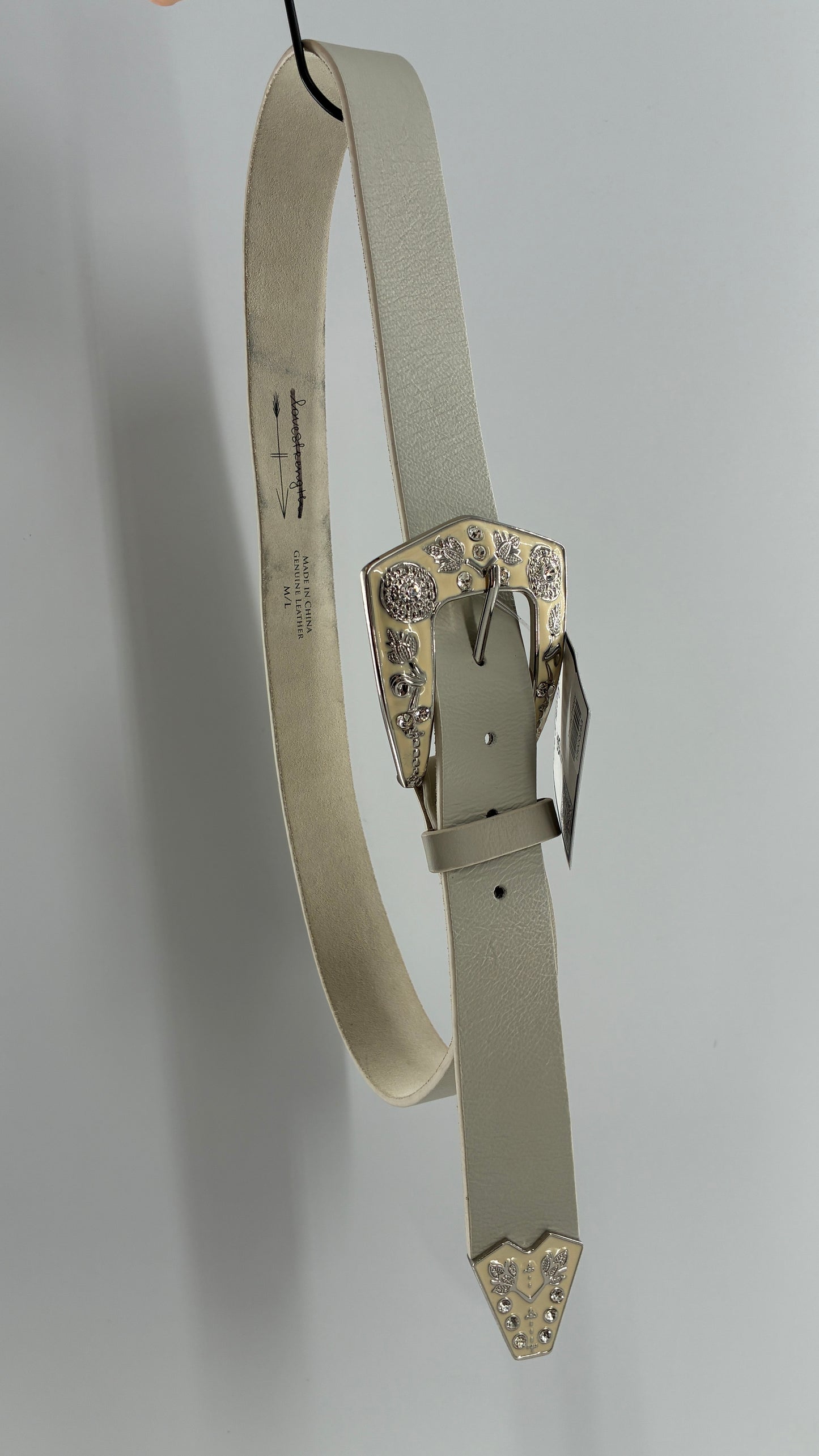 LoveStrength Anthropologie Off White Leather Belt with Oversized Dramatic Buckle (M/L)