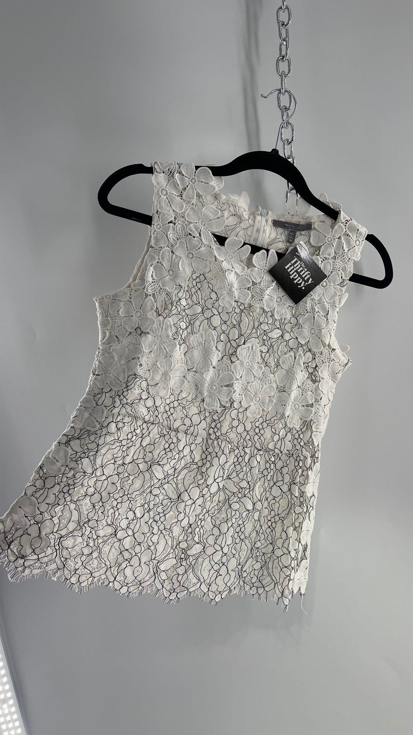 Anthropologie Blue Tassel White Lace Tank with White Lace Under bust and Collar Trim (XS)