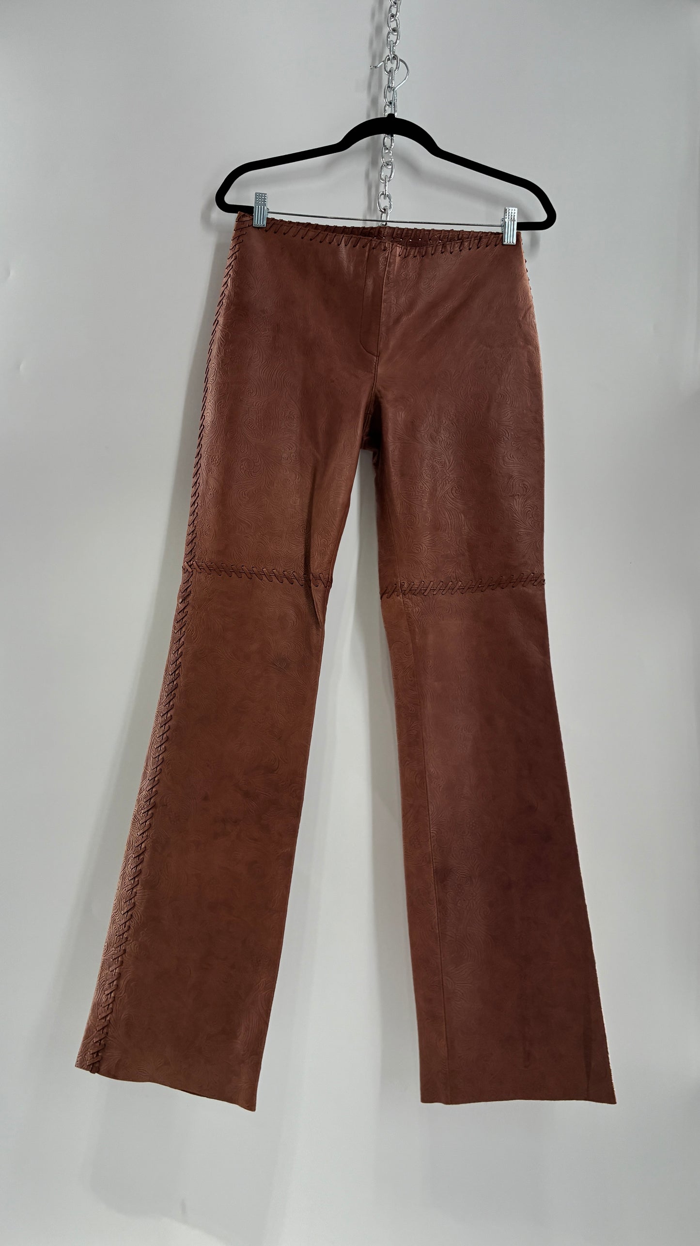 Vintage Embossed Paisley Patterned Genuine Leather Pants with Stitching Details (No Label Unbranded, S)