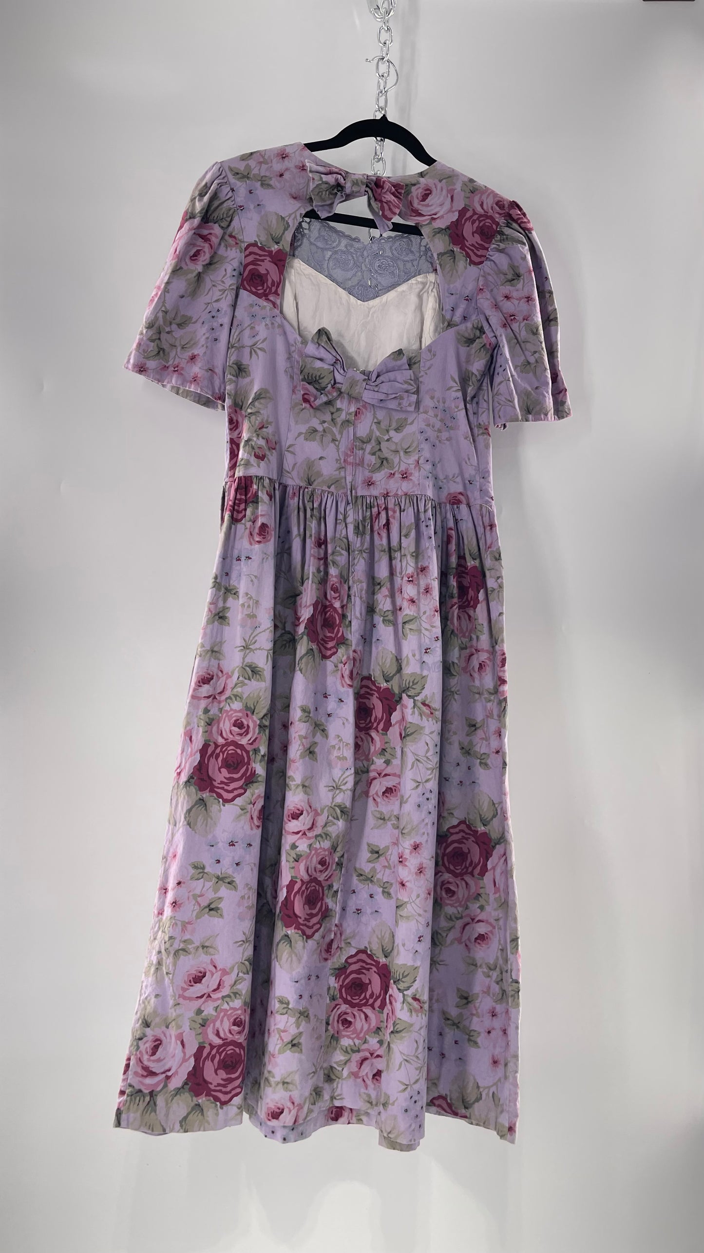 Vintage Urban Renewal Reworked and Upcycled Misty Lane Lilac/Lavender Floral Fit/Flare Dress with Sweetheart Neckline, Lace Detail and Bow Adorned Open Back (11/12)