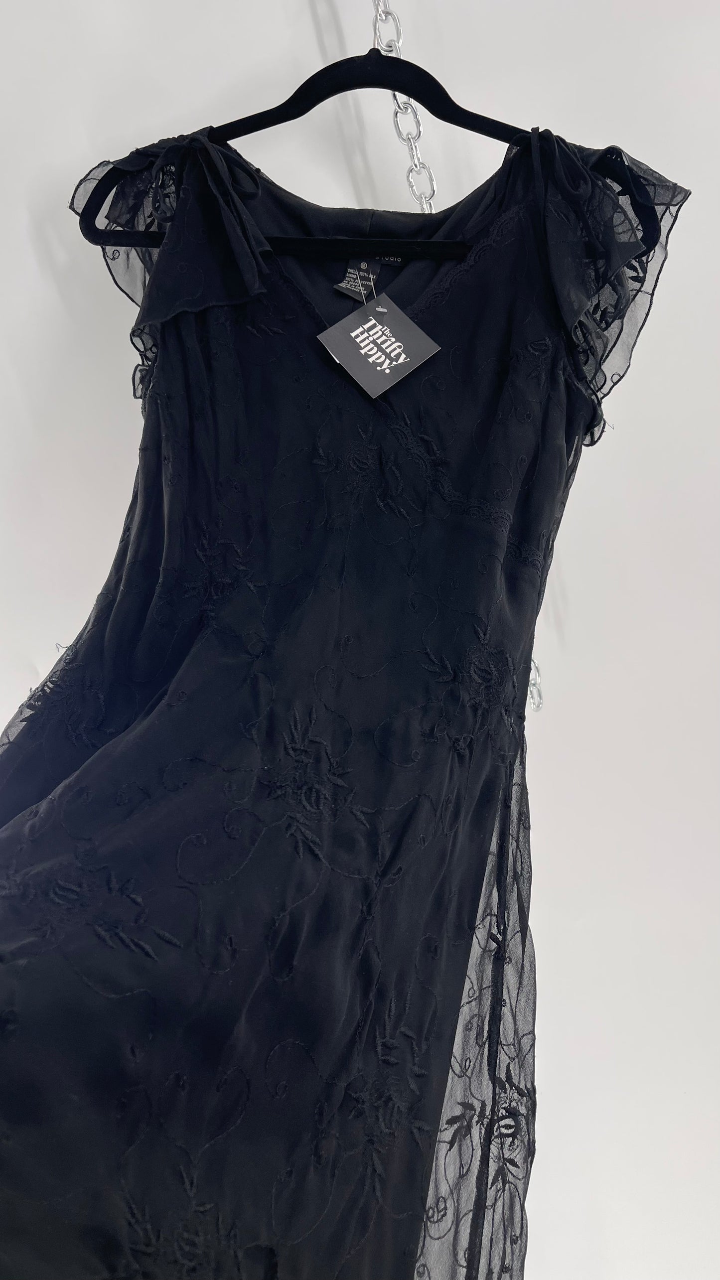 Vintage Jonathan Martin 100% Silk Black Embroidered MIDI Dress with Tie Shoulder Detail (10)