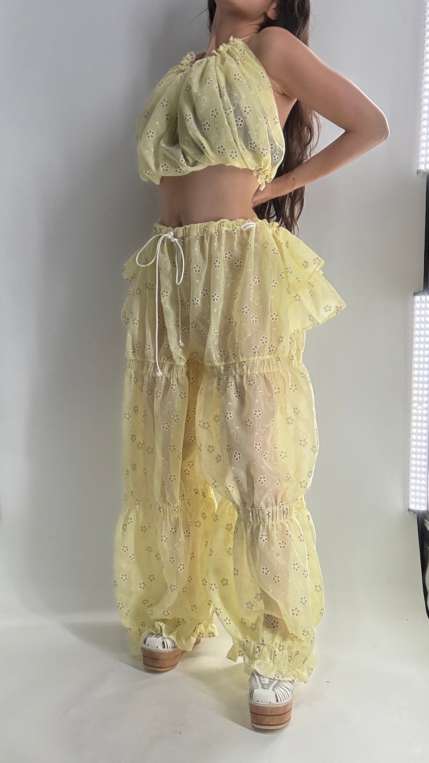 Vintage Handmade 2pc Baby Yellow Set with Tiered Pants, Ruffled Bum, and Floral Eyelet Pattern (XS-M)