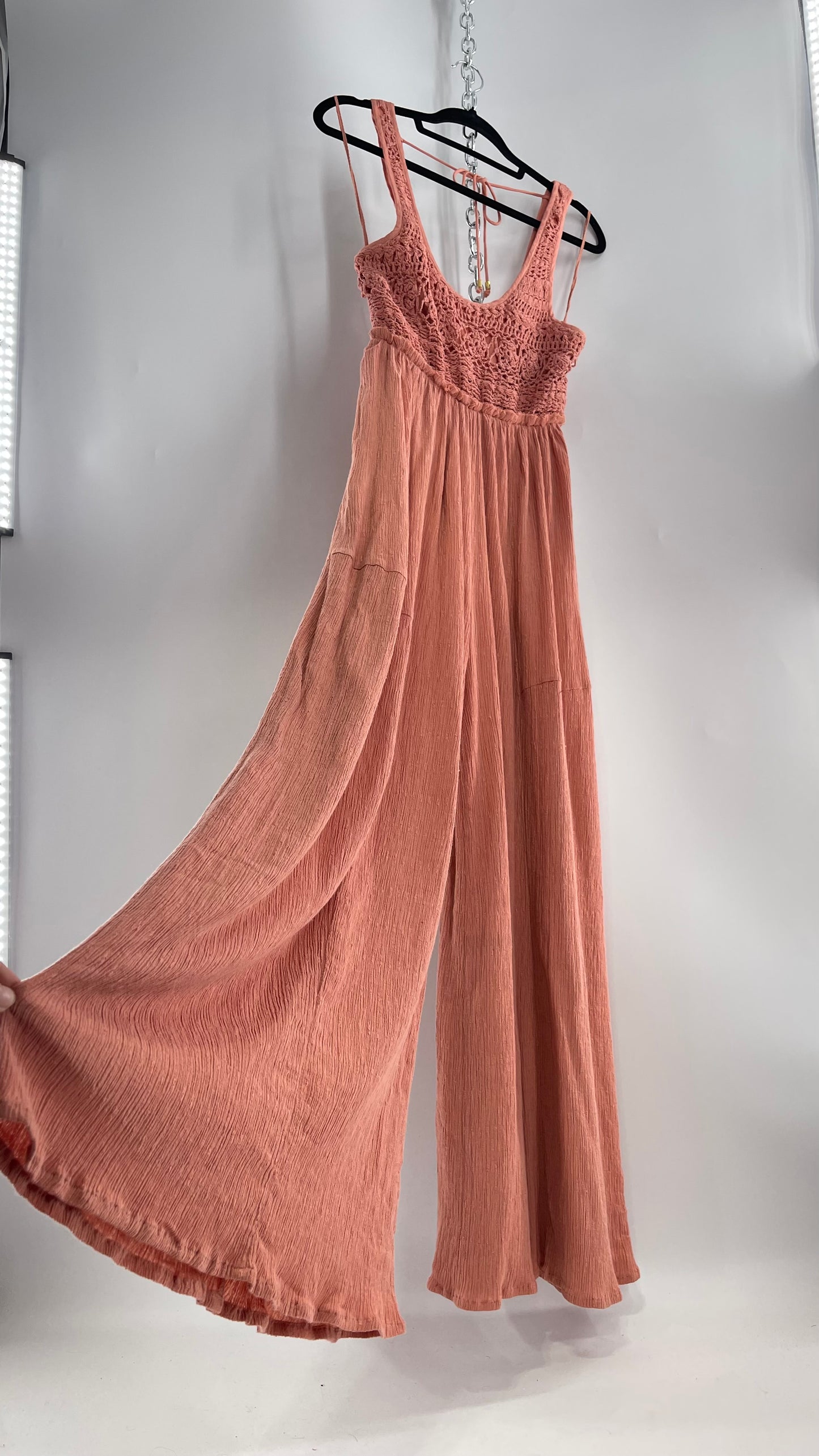 Free People Rose/Peach Pink Wide Leg Jumpsuit with Crochet Bust and Tags Attached (XS)