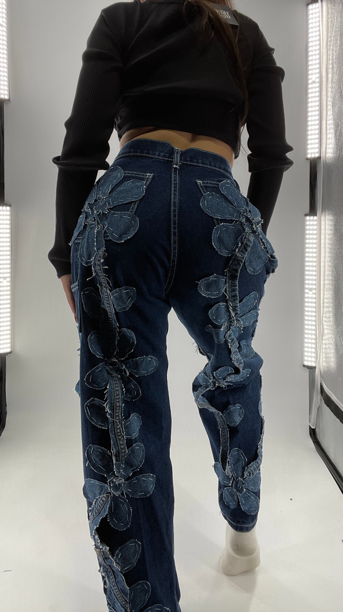 Handmade CUSTOM Dual Denim Tone Floral Vine Cargo Denims (S)