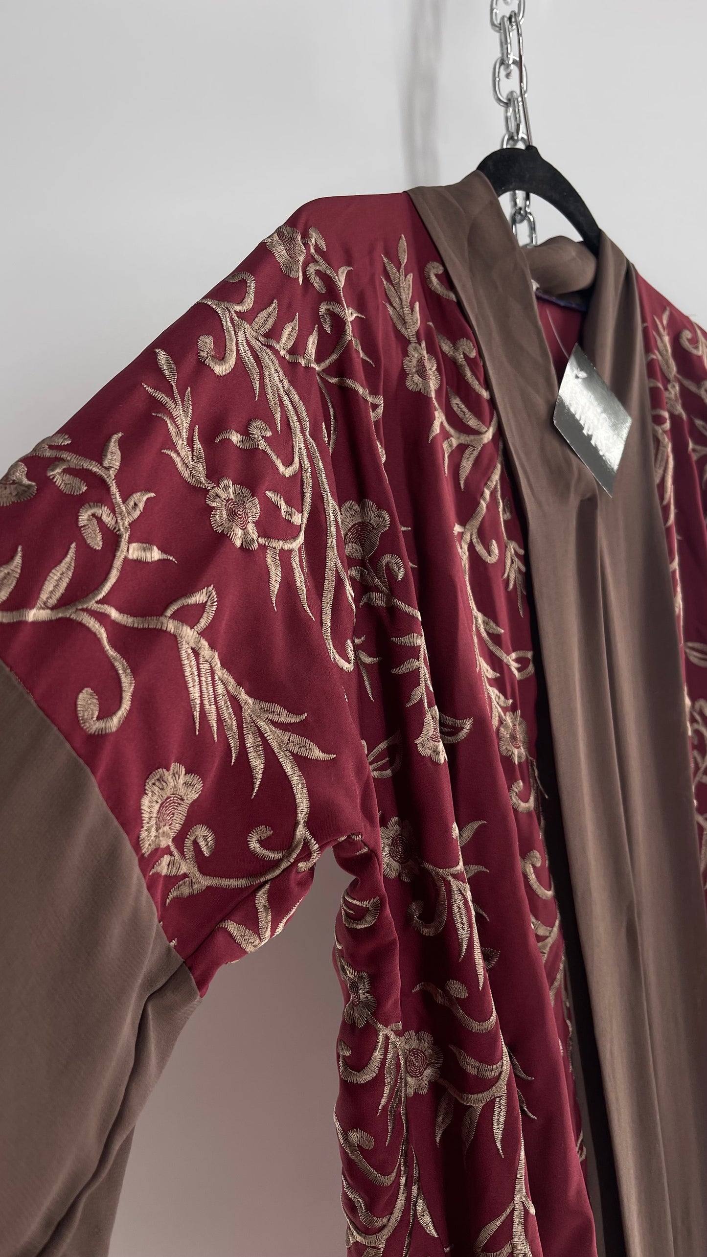 Vintage Embroidered Burgundy Sweeping Duster Coat/Cape with Tan Embroidery