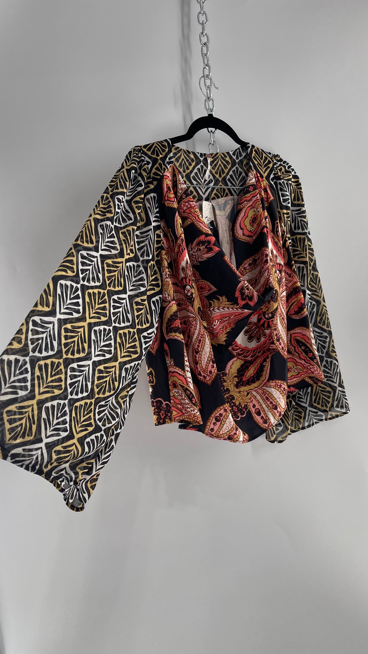 Free People Paisley Bodice Blouse with Sheer Contrast Sleeves, Draping Neckline and Tags Attached (Small)