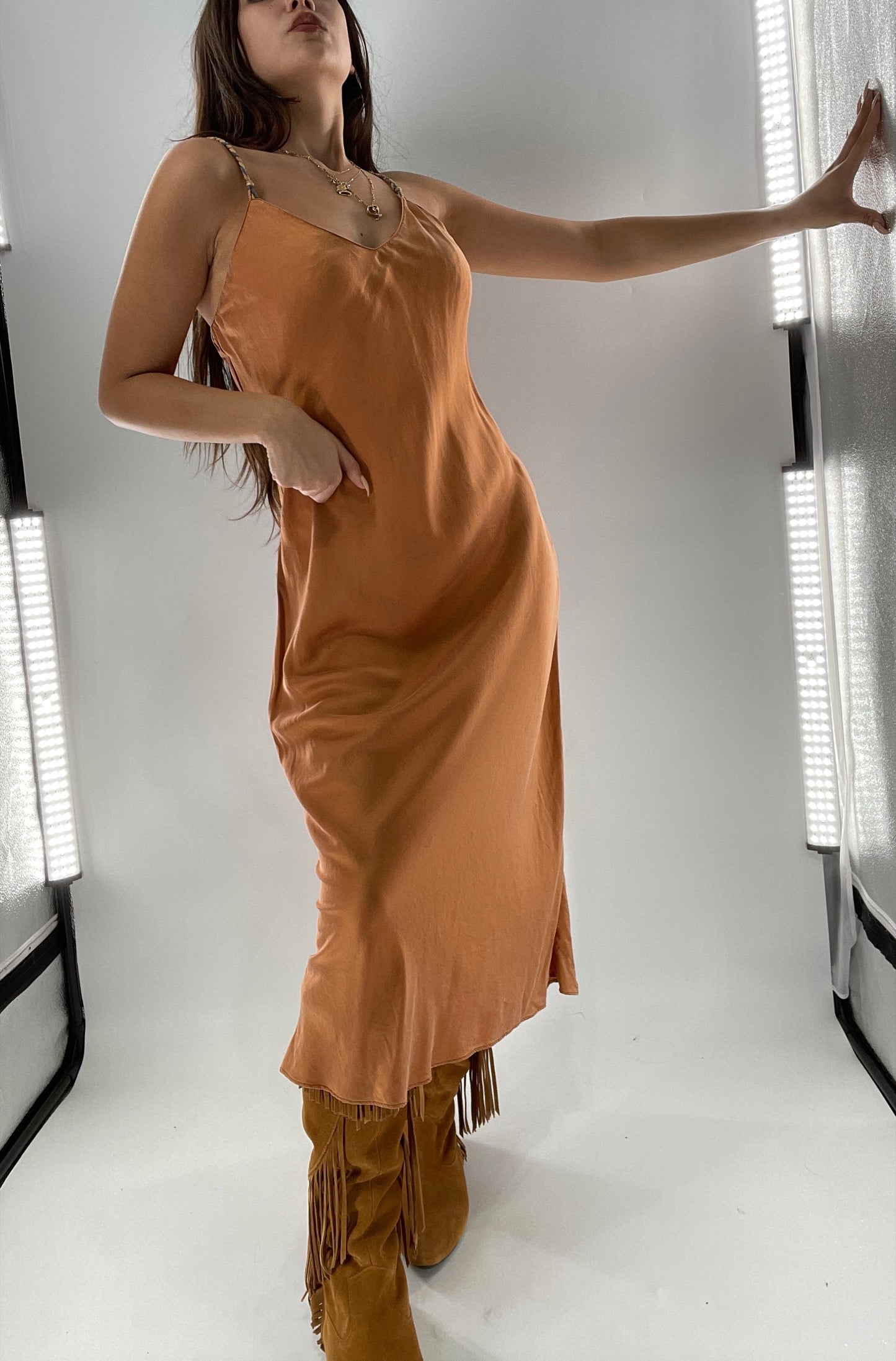 DIANE GILMAN 100% Silk Terracotta Clay Toned Tan Dress (Medium)