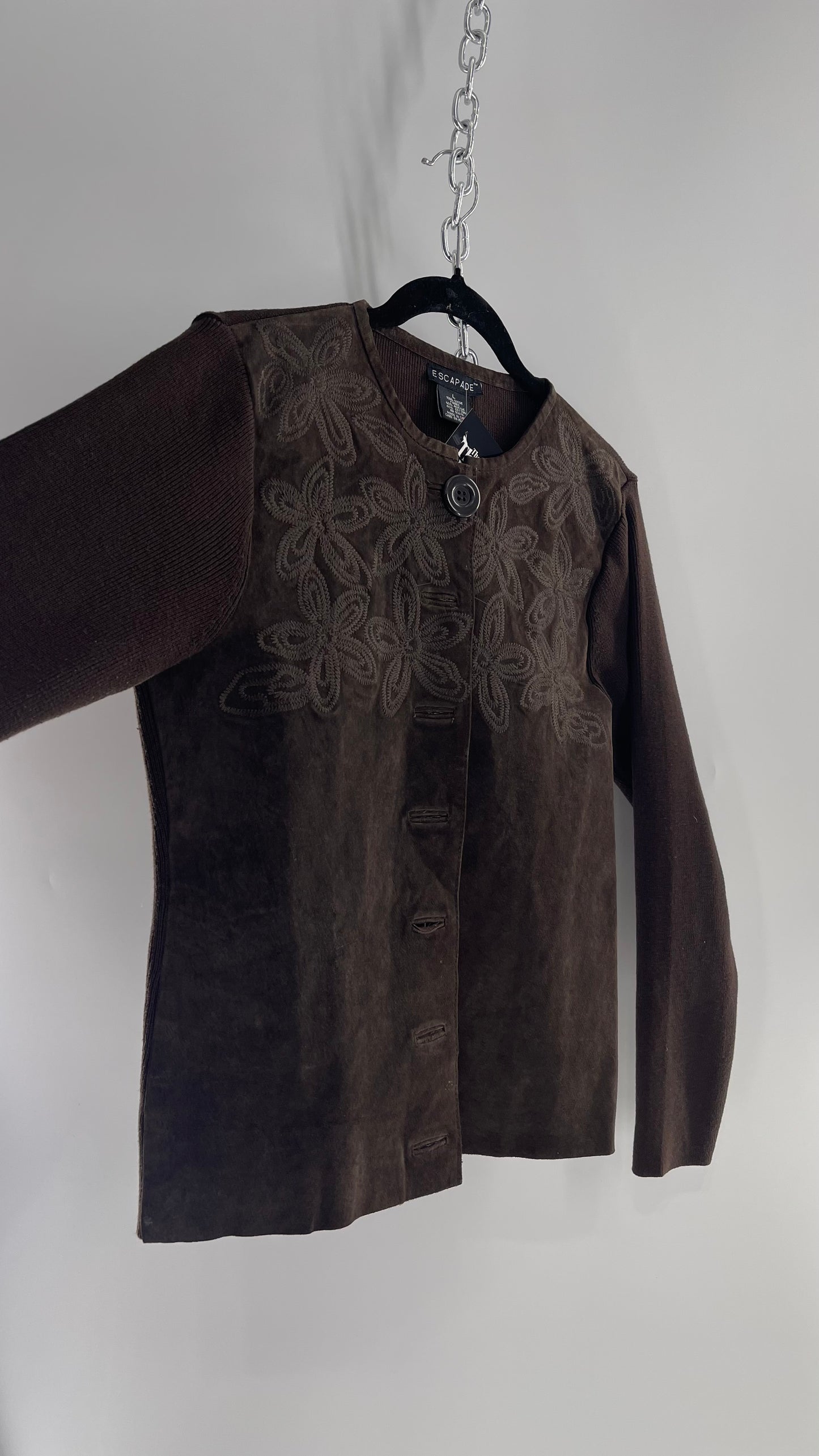 ESCAPADE Vintage 1990s Dark Brown Suede Vest with Knit Sleeves and Embroidered Flowers (Large)