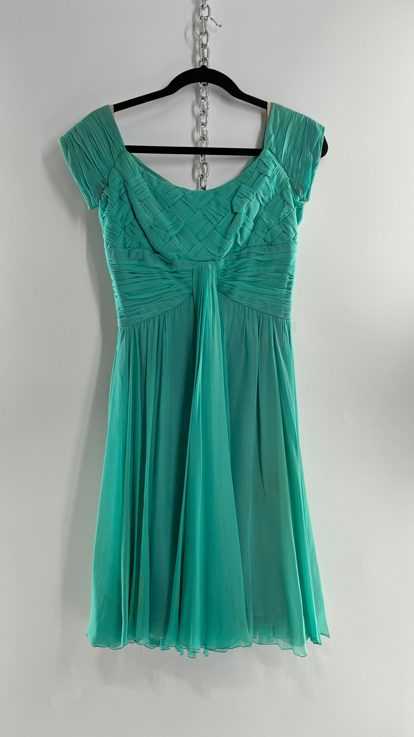 Vintage Teal Handmade Mini Dress with Pleated Basket Woven Bust (XS)
