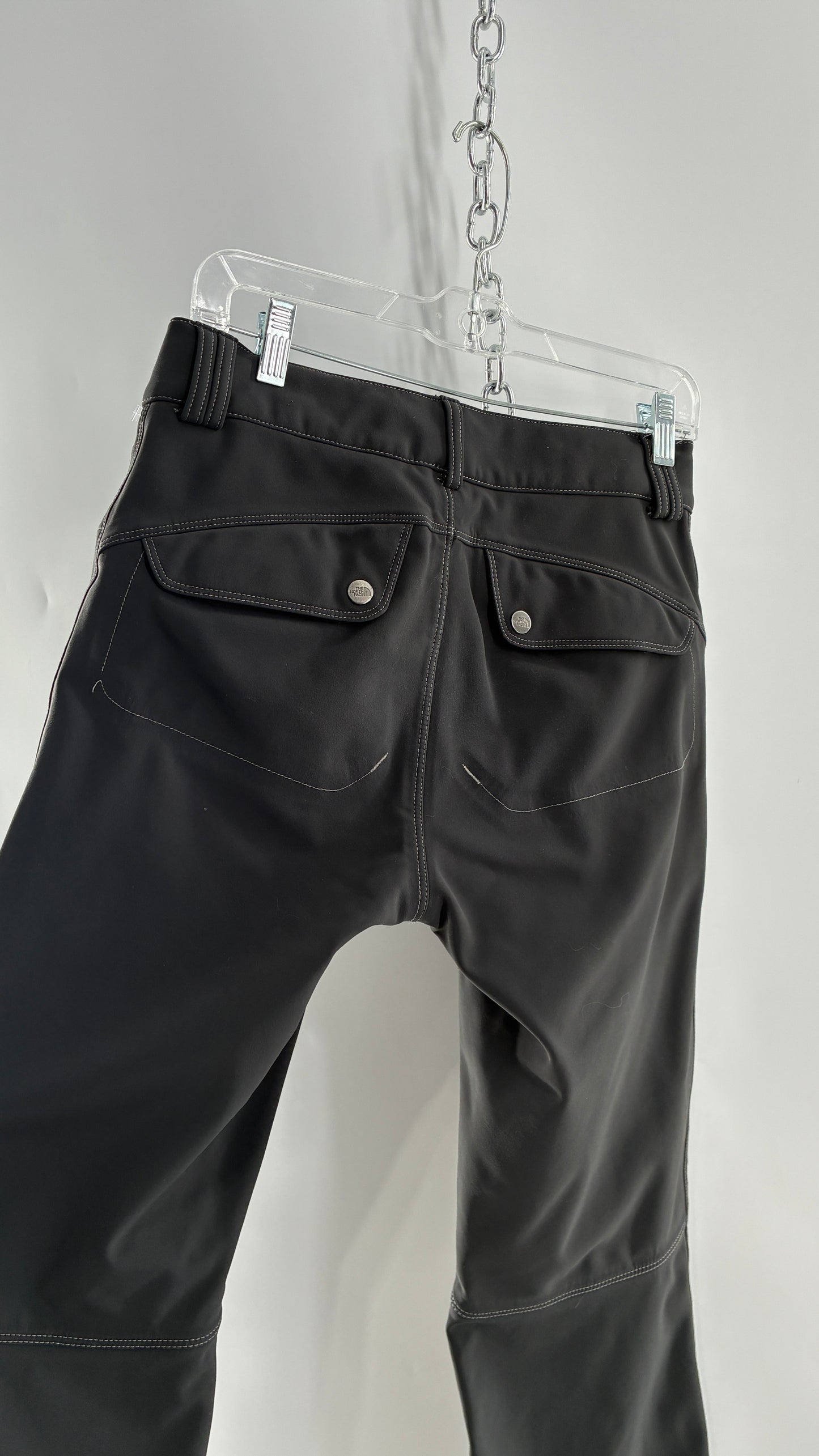 Vintage North Face Dark Gray, Low Rise, Kick Flare Pants with Contrast Stitching, Side Closure and Oversized Bum Pockets (Small)