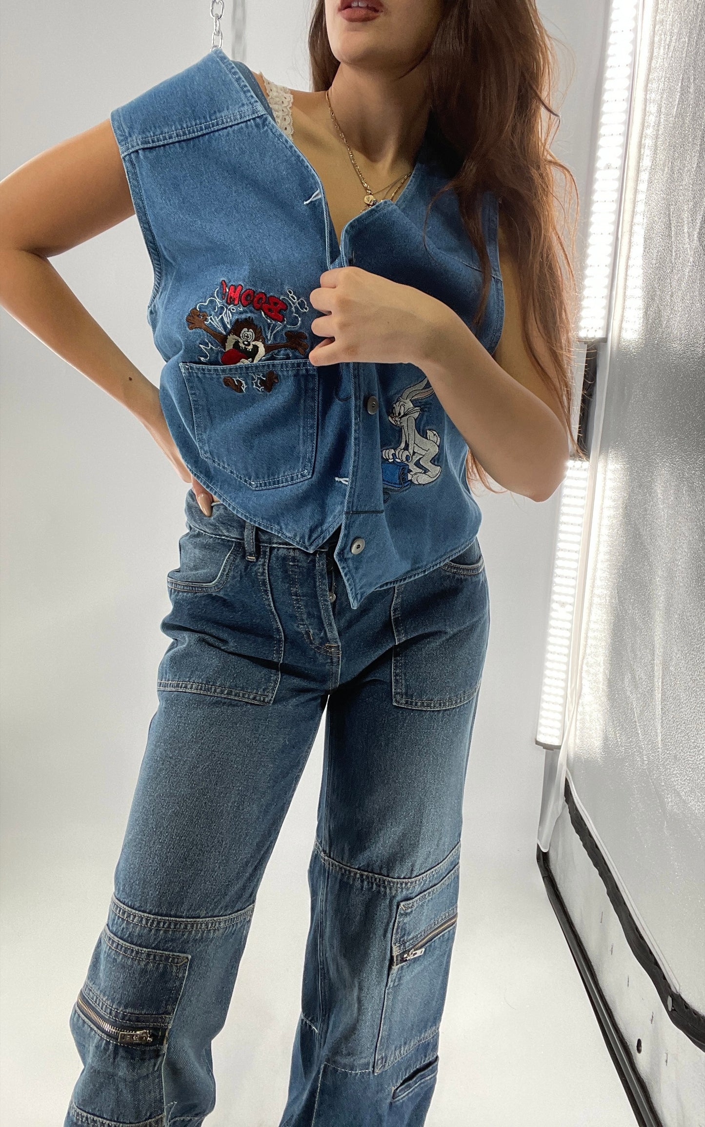 Vintage Looney Tunes Denim Vest with Embroidered Characters (Large)