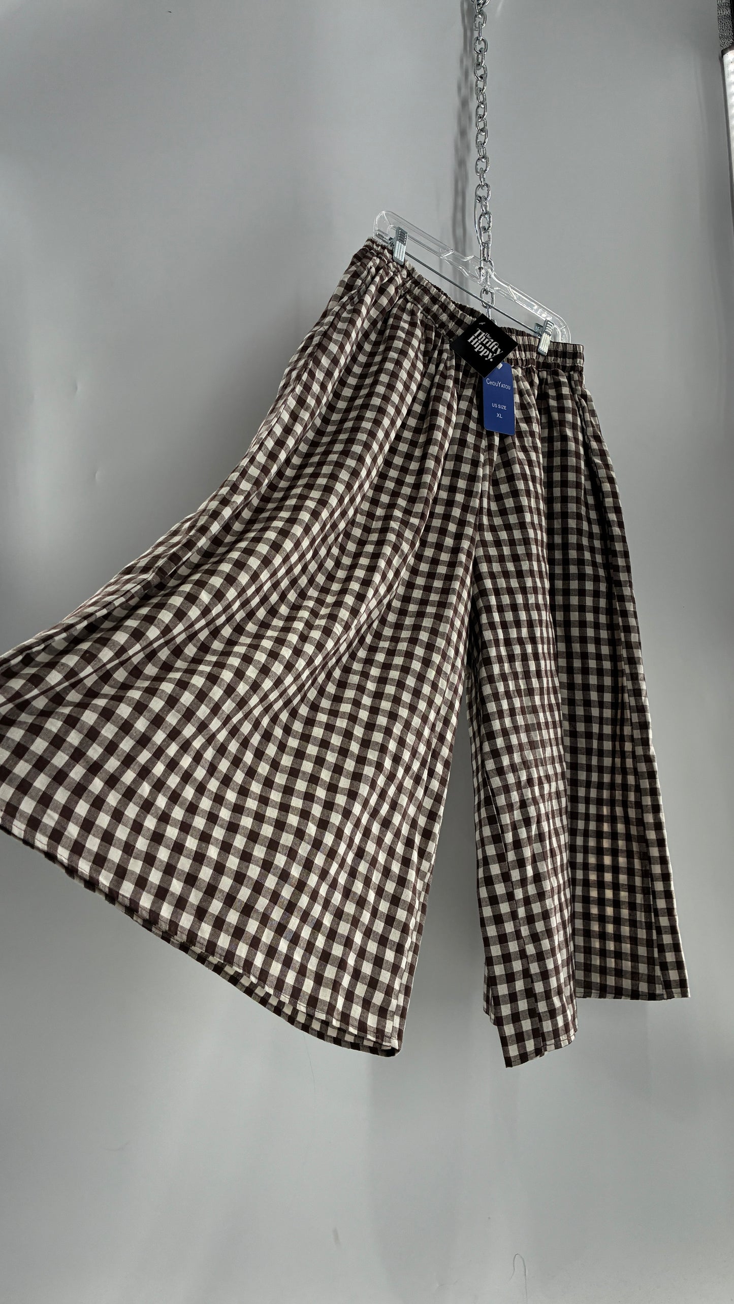 Wide Leg Brown Gingham Picnic Pants (XL)