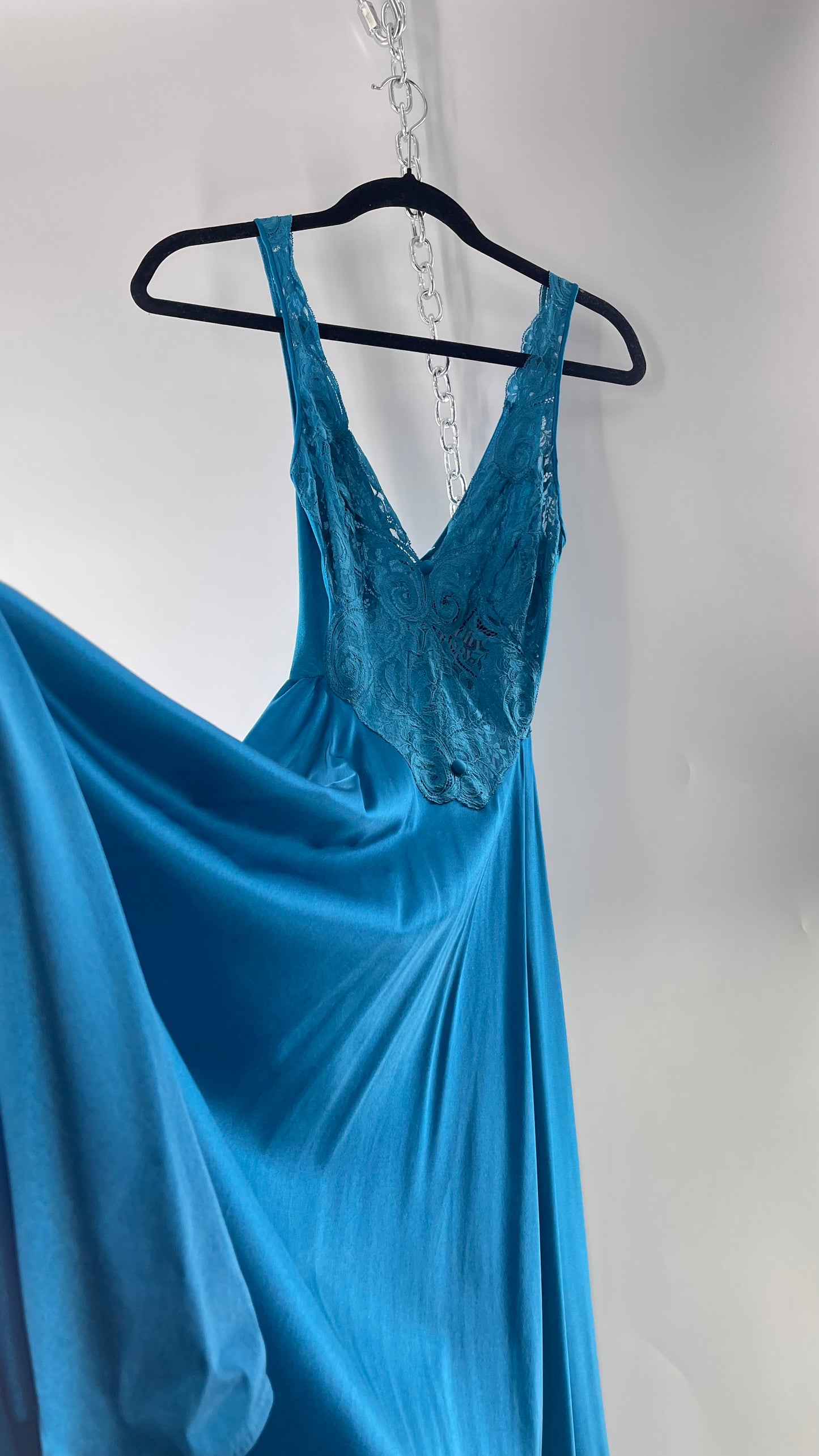 Vintage Olga Intimates Floor Length Voluminous Blue Jewel Toned Maxi Dress/Night Gown with Lace Bust (Small)
