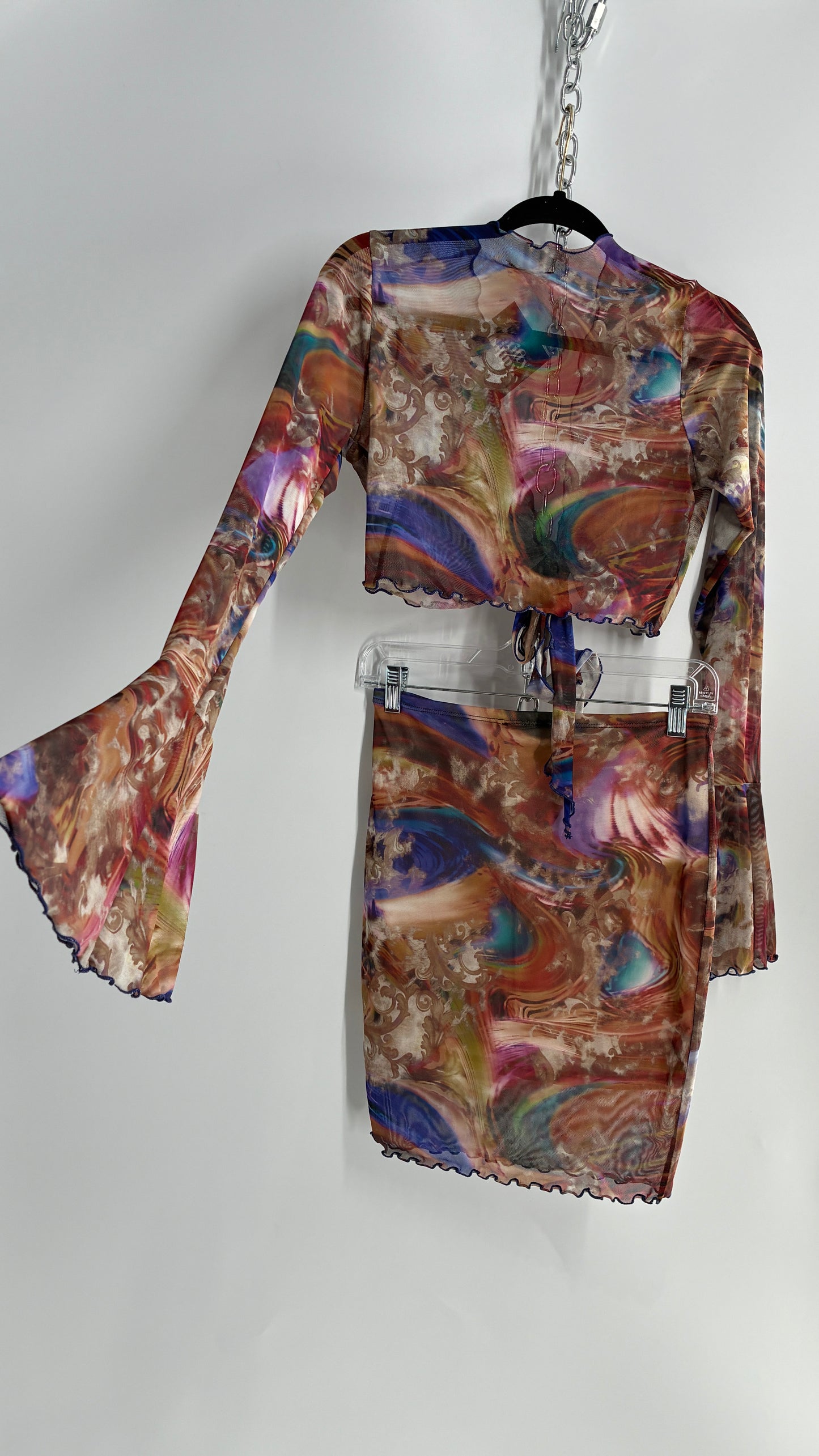 Graphic Two Piece Set: Bell Sleeve Tie Front Blouse & Mini Skirt (Large)