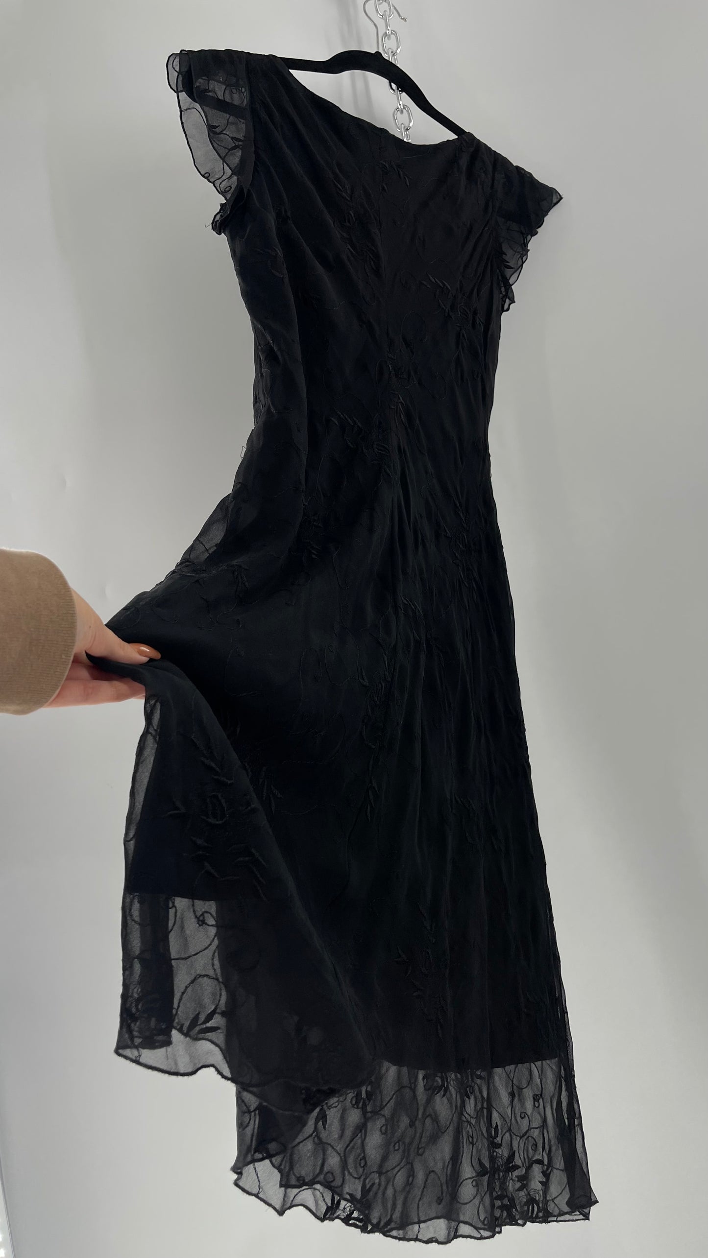 Vintage Jonathan Martin 100% Silk Black Embroidered MIDI Dress with Tie Shoulder Detail (10)