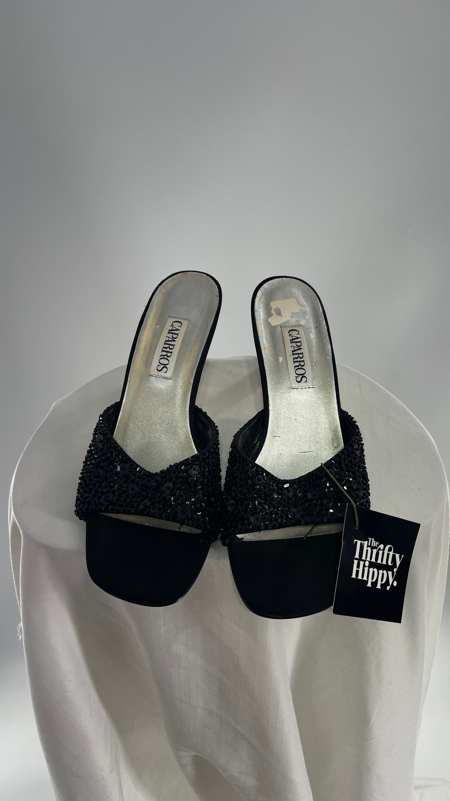 Vintage Caparros Black Square Toe Kitten Heel with Sequin Embellishments (9)