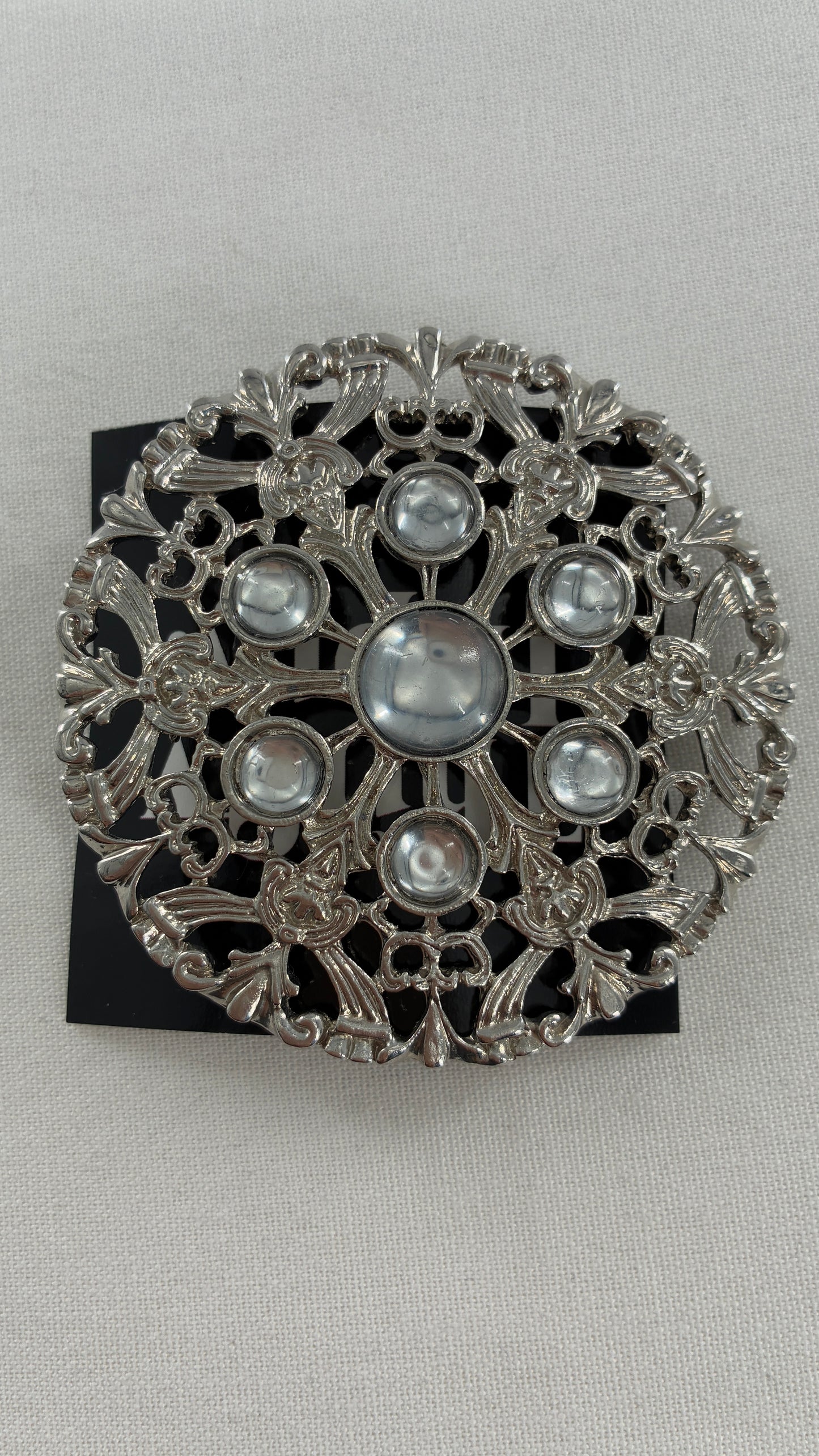 Vintage Oversized Heavy Metal Silver Brooch Pin with Transparent Gemstones