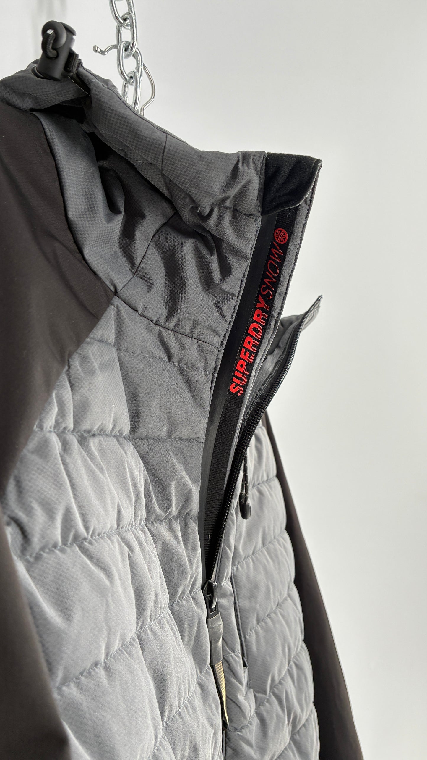 Super Dry Black and Grey Puffer Winter Jacket (Large)
