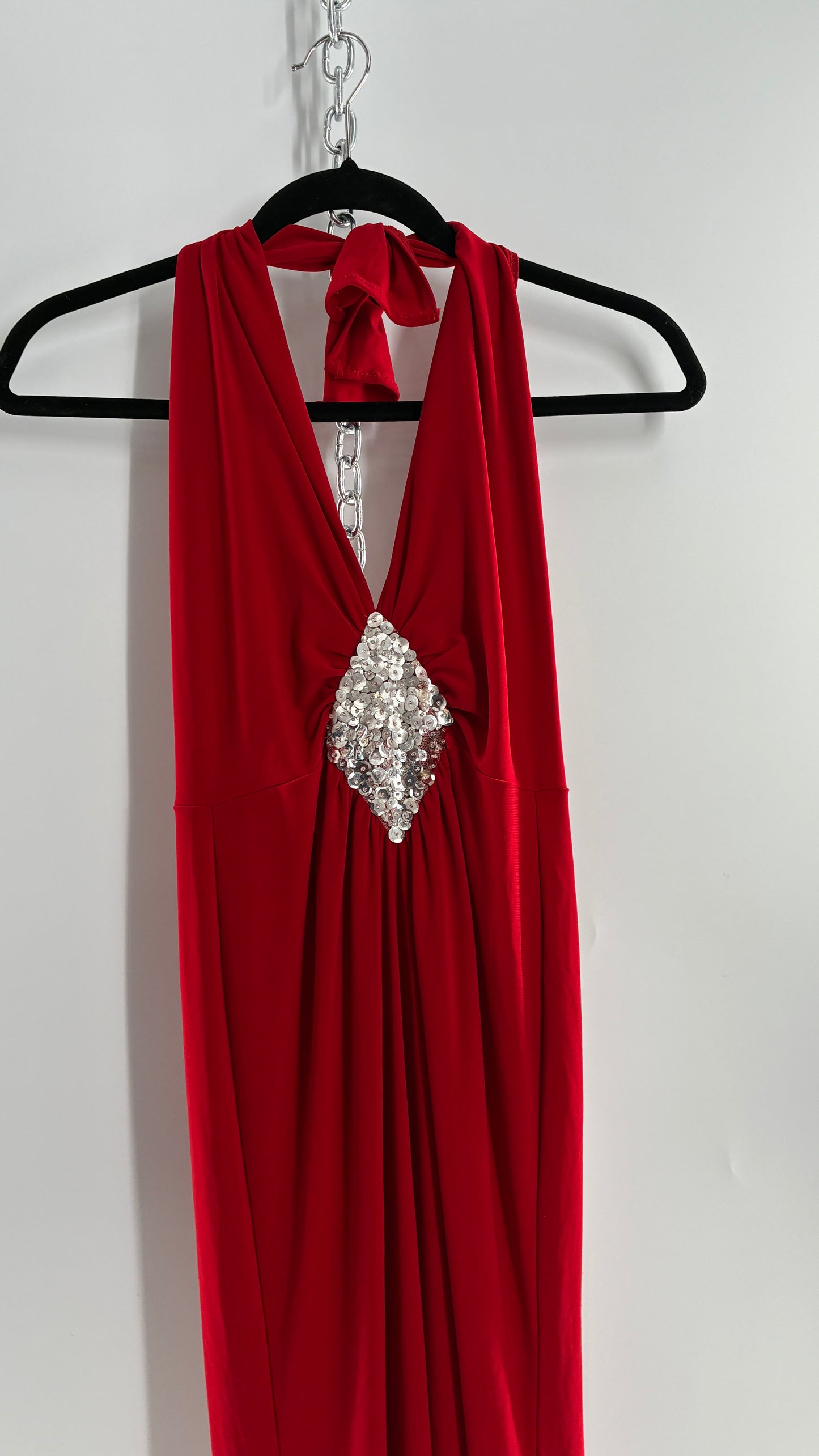 Vintage SYMPHONY Lycra Red Halter Full Length Dress with Sequin Bust Detail (Small)
