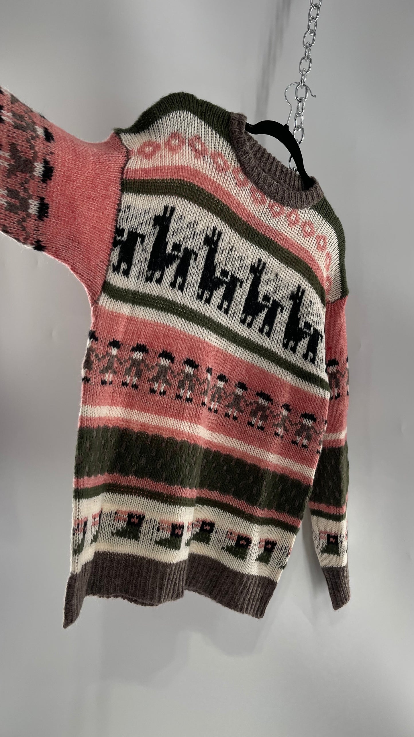 Cooke Collective Knit Llama/Alpaca Graphic Sweater with Army Green, Pink and White Colorway (Medium)