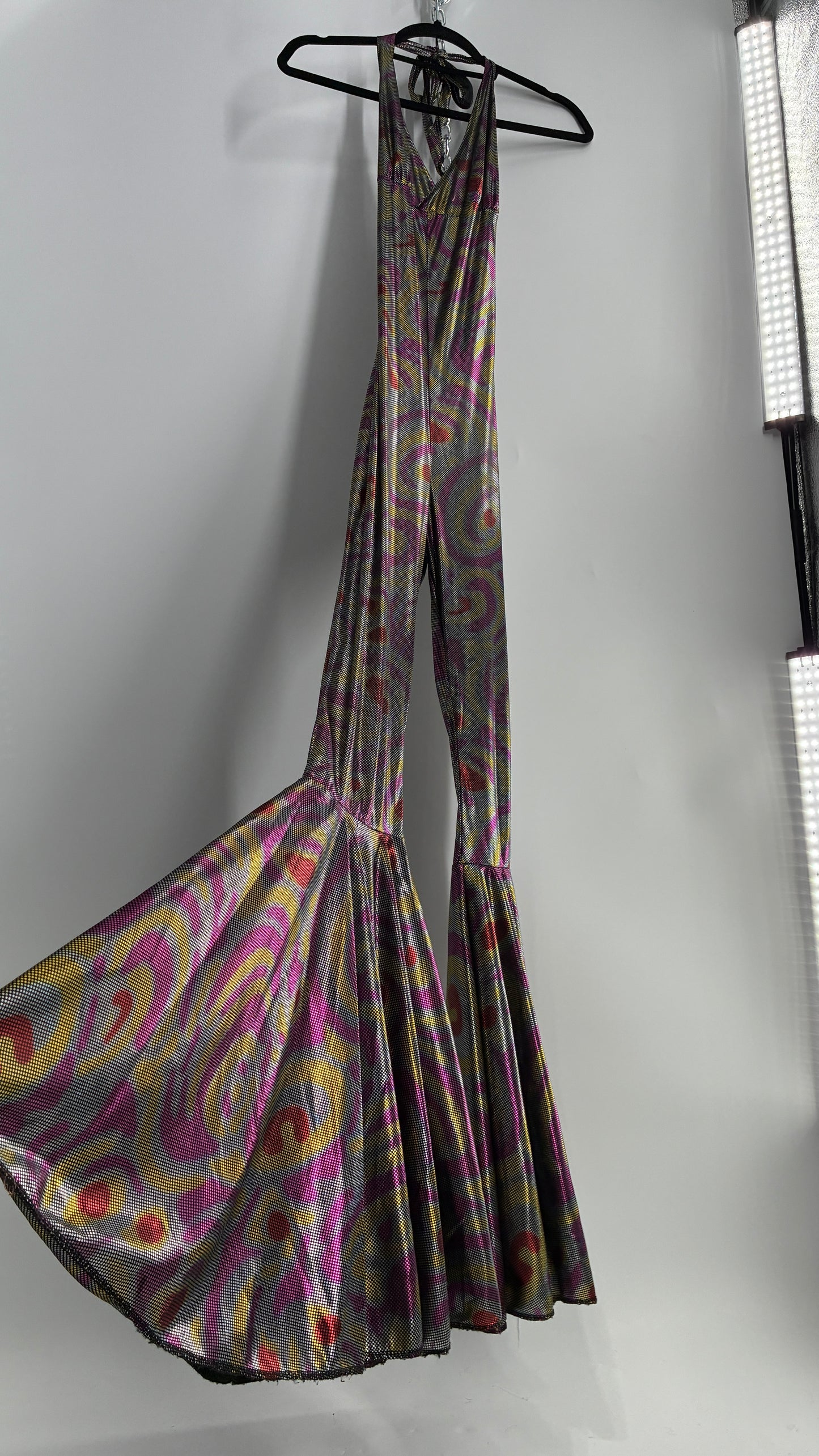 1970s Style Bell Bottom Psychedelic Metallic Jumpsuit with Waist Cinching Back Ties (S/M)