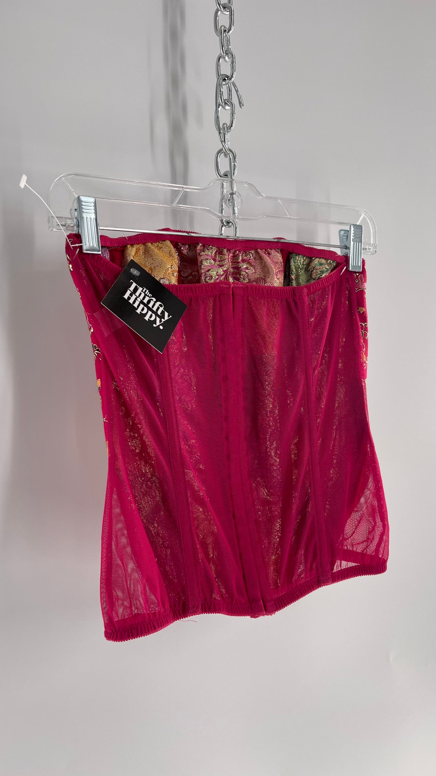 Vintage 1990s HOT Hot Pink Jacquard Metallic Boned Corset with Mesh Back and Hips (Small)