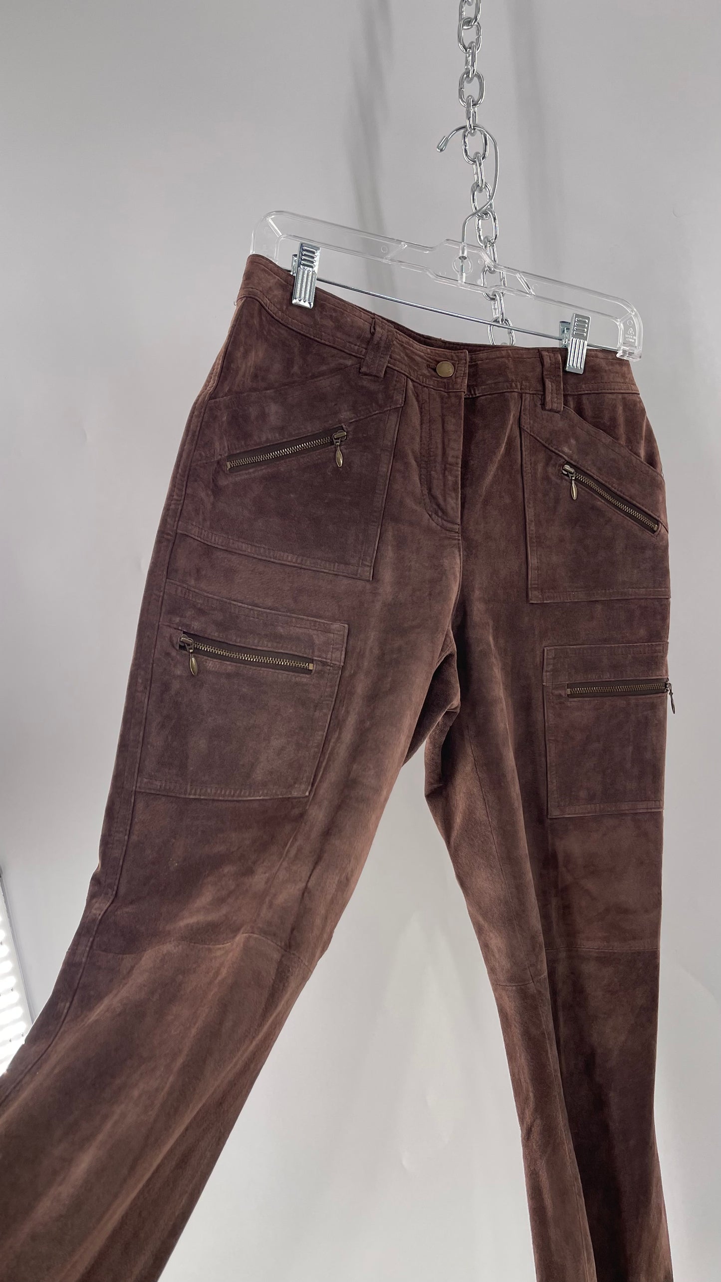 Vintage Context Petit Brown Suede Straight Leg Cargos with Pockets and Bronze Zippers (8P)