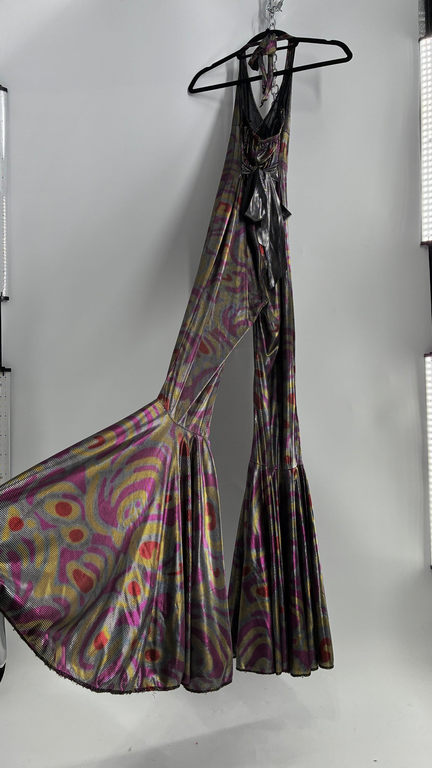 1970s Style Bell Bottom Psychedelic Metallic Jumpsuit with Waist Cinching Back Ties (S/M)