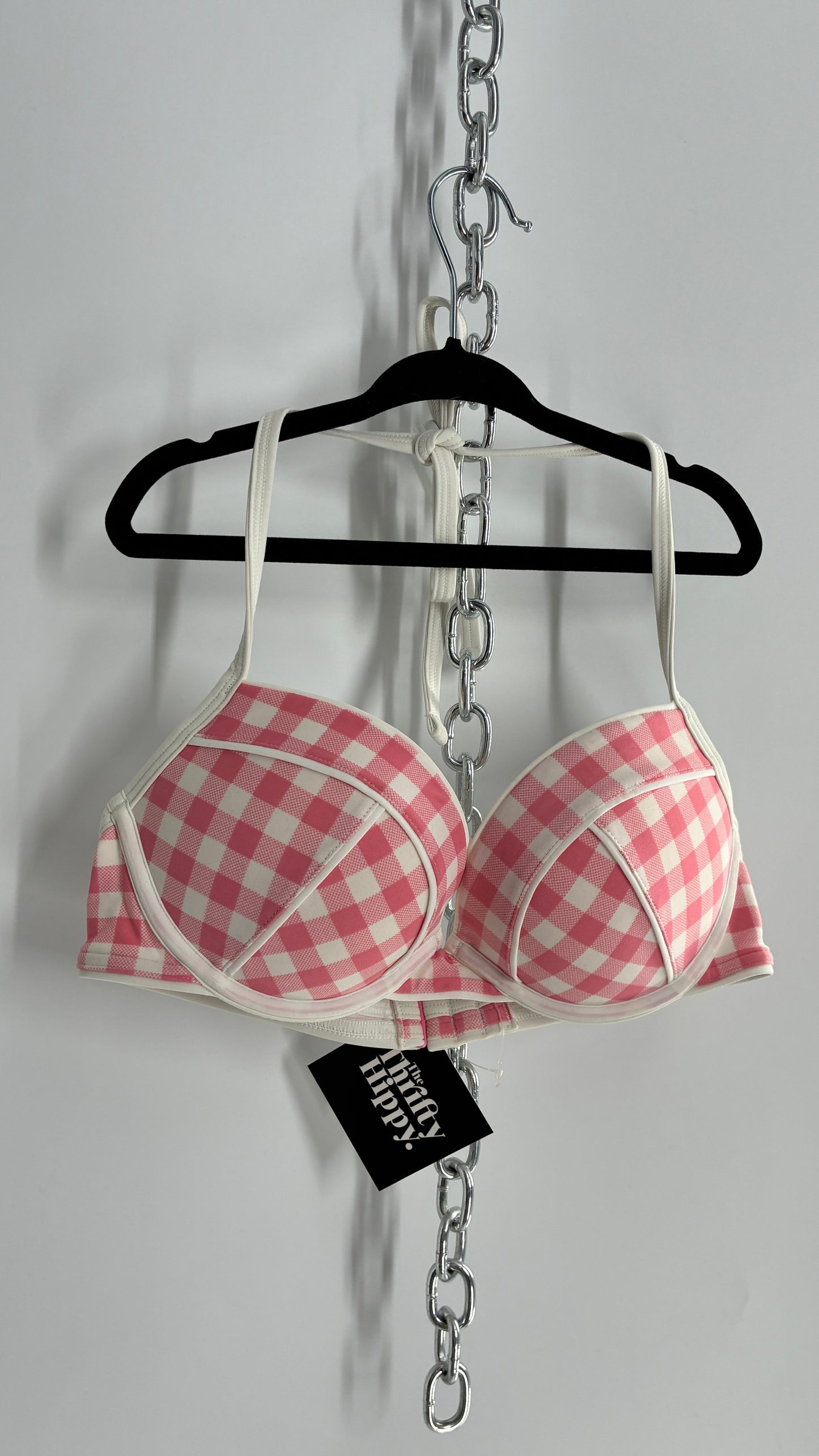 AERIE White and Pink Gingham Underwire Halter Swim Top (32B)