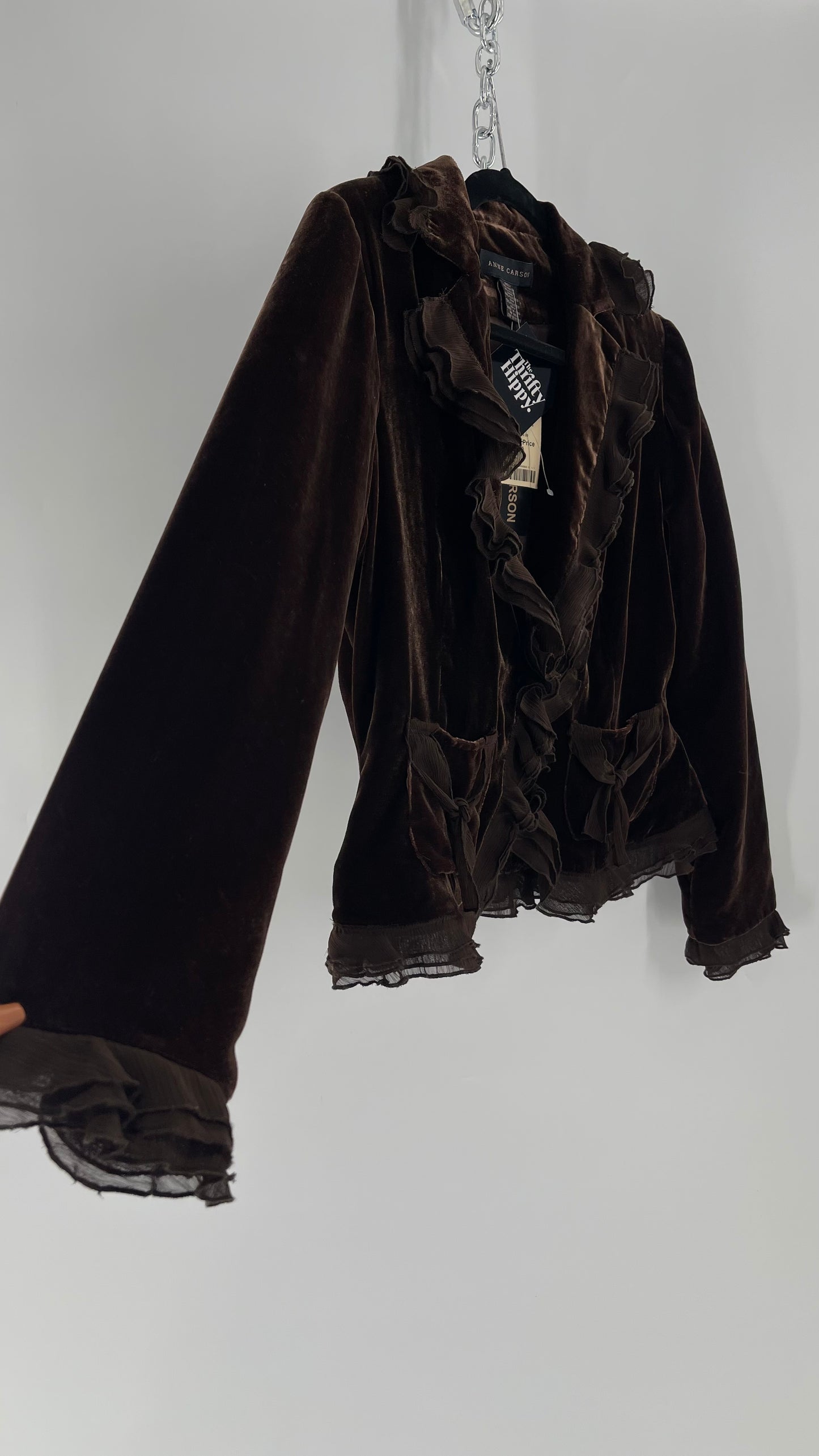 Deadstock Vintage Brown Velvet Anne Carson Blazer with Delicate Crepe Ruffled Hem and Bow Pockets (Medium)