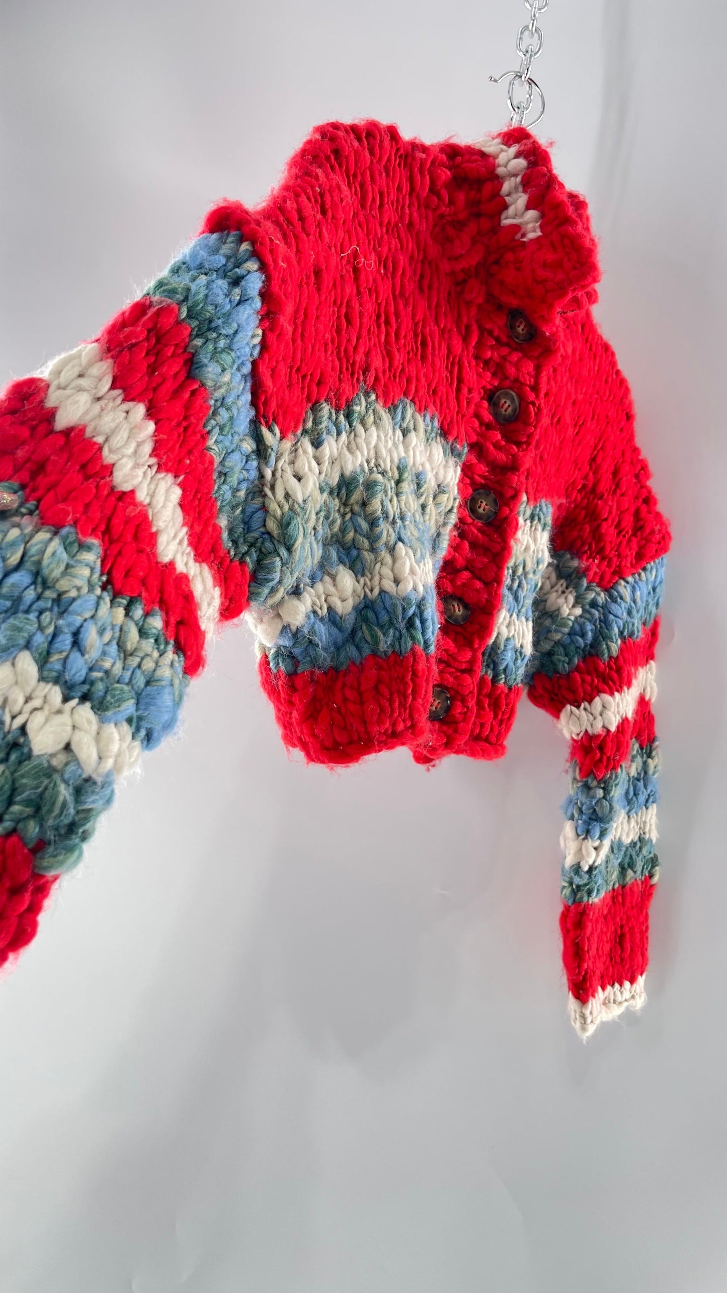 BDG Urban Outfitters Thick Knit Red White Blue Chunky Cropped Striped Cardigan (XS)