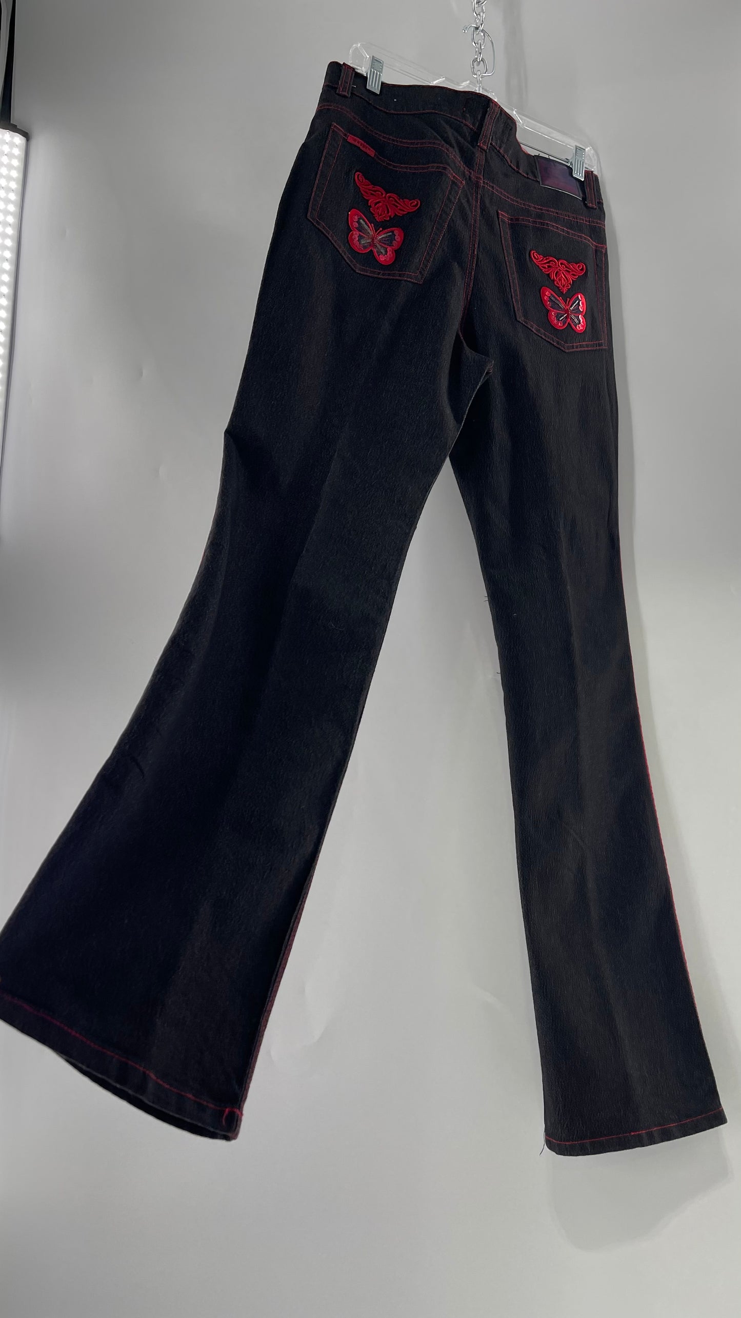 Rare Vintage Black Crest Jeans with Red Contrast Stitching and Butterfly Embroidery on Thigh and Back Pockets (14)