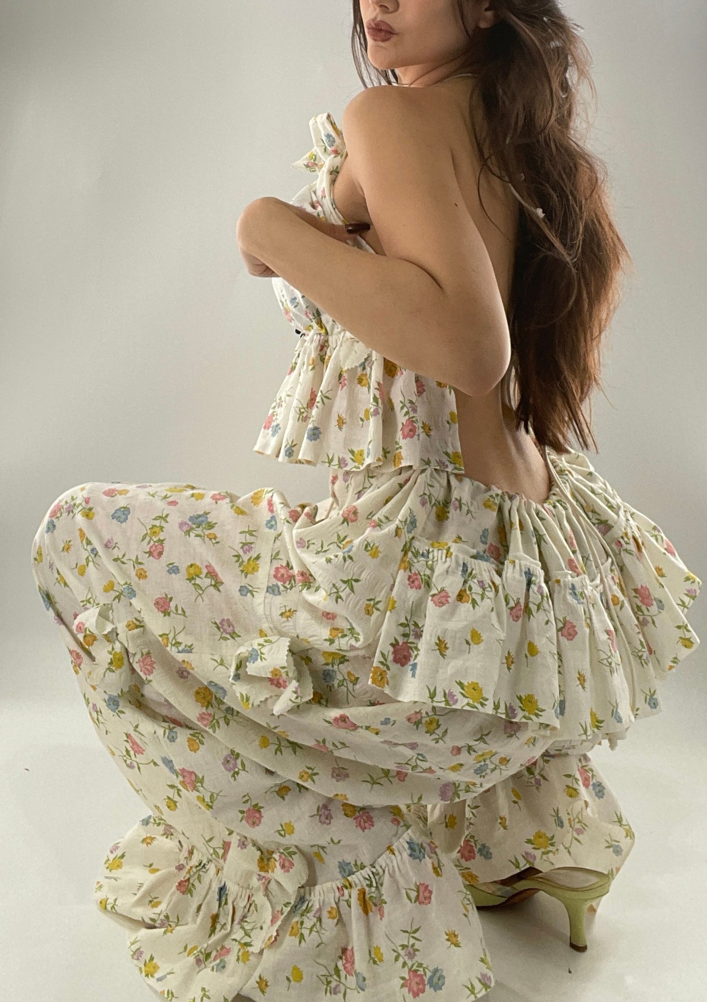 Vintage 2 Piece Floral Babydoll Set with Adjustable Top and Adjustable Pants Featuring Bow Sides and Ruffles Bum (One Size)