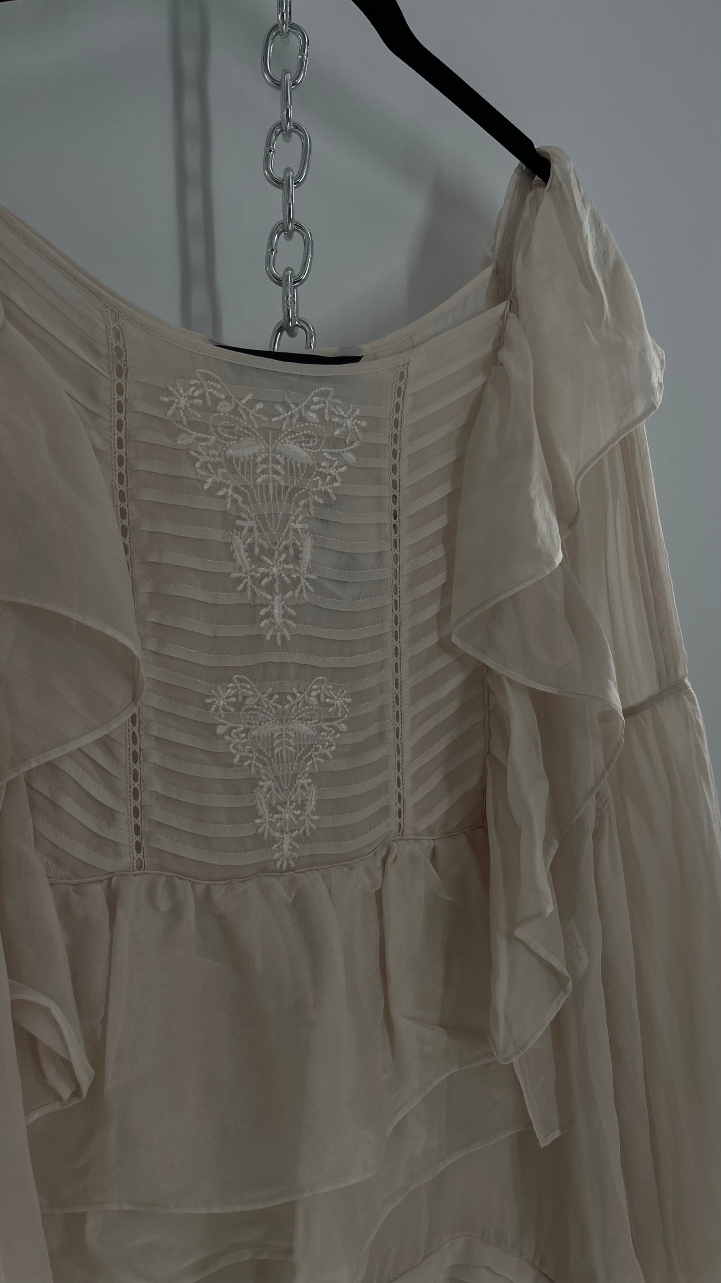 ZARA Ruffled and Embroidered Bell Sleeve Blouse (Large)