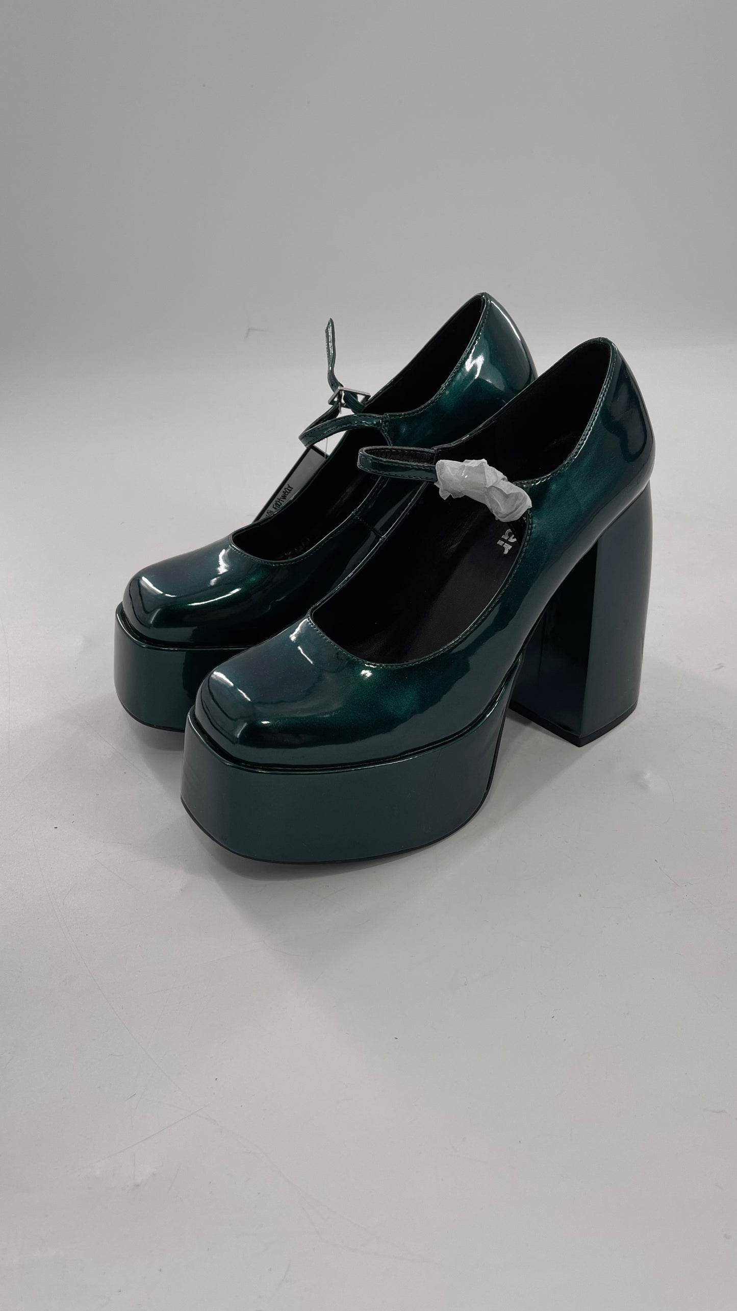KOI FOOTWEAR Patent Emerald Green Platform Chunky Heel Mary Janes (9/39)