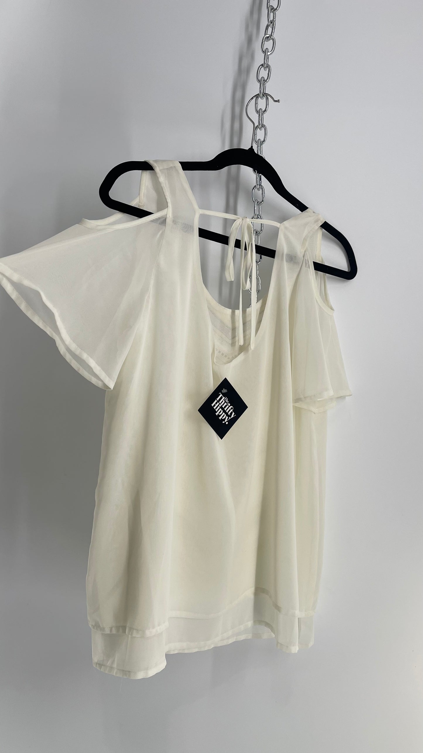 BKE White Cold Shoulder Short Sleeve Blouse with Beaded Panel (Medium)