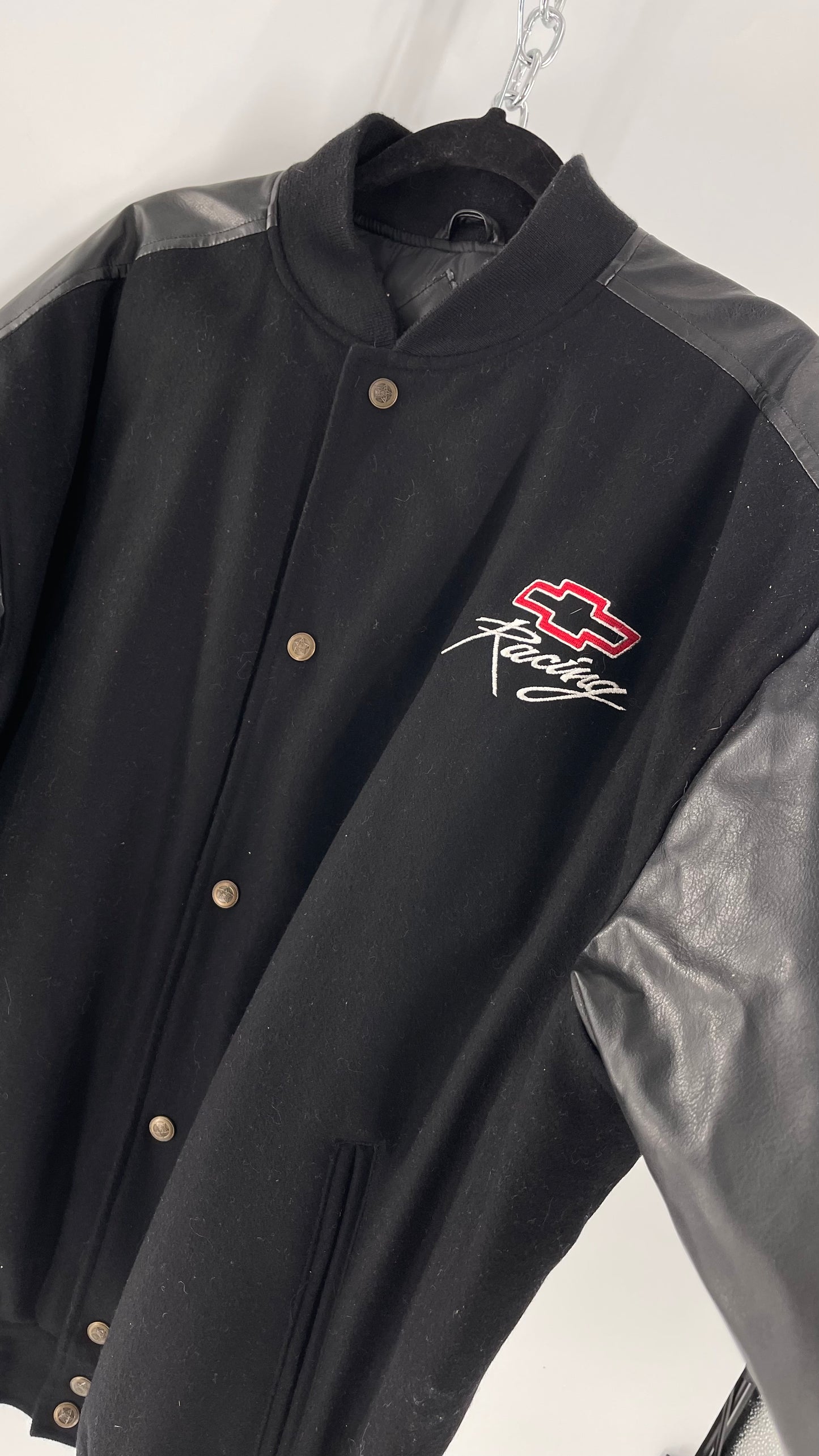 Vintage Chevy Racing Varsity Bomber Jacket with Red Logo Embroidery (Large)