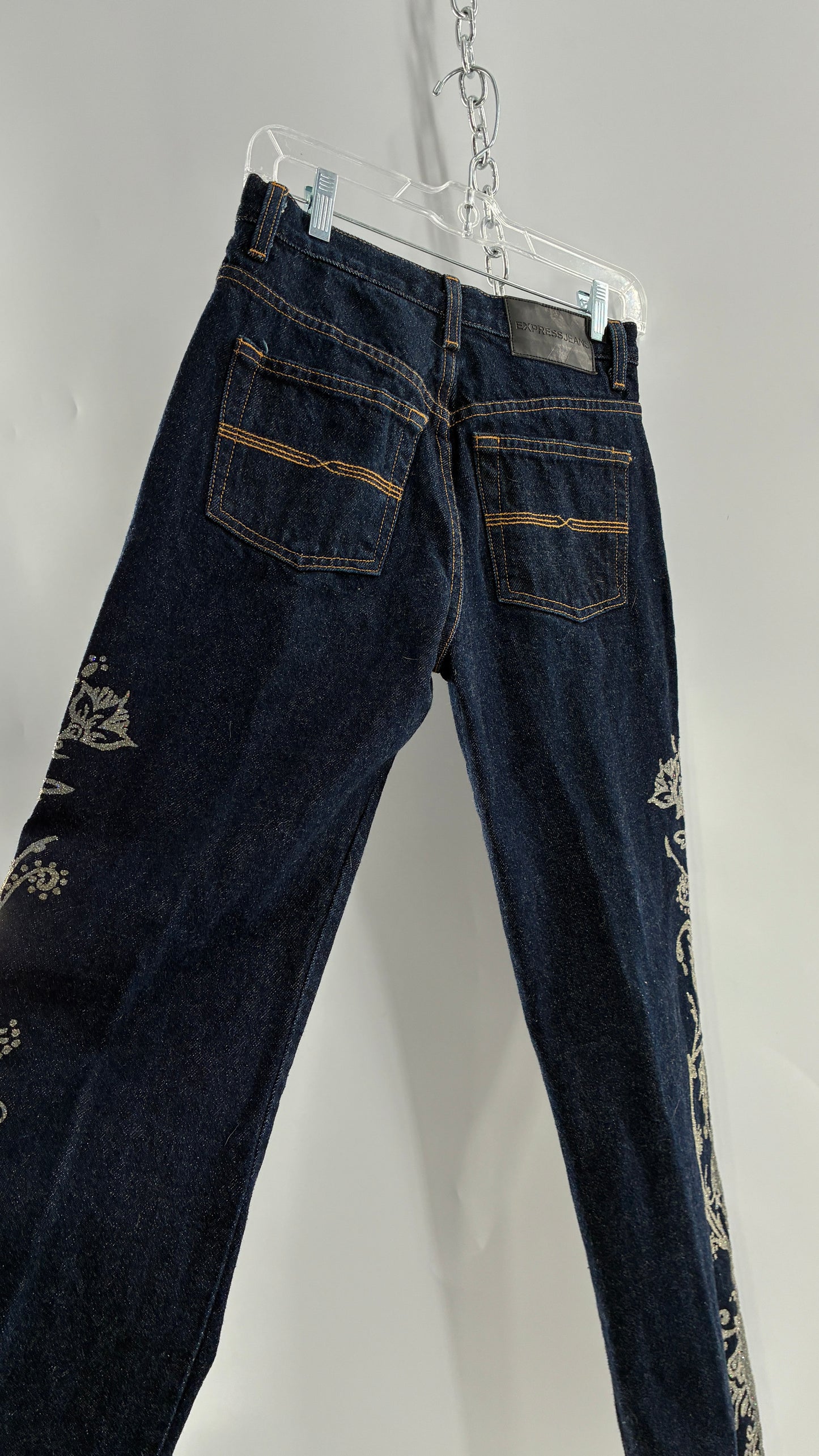 Vintage EXPRESS JEANS Dark Wash with Iridescent, Embellished, Textured Design Running Down Pant Leg (3/4)